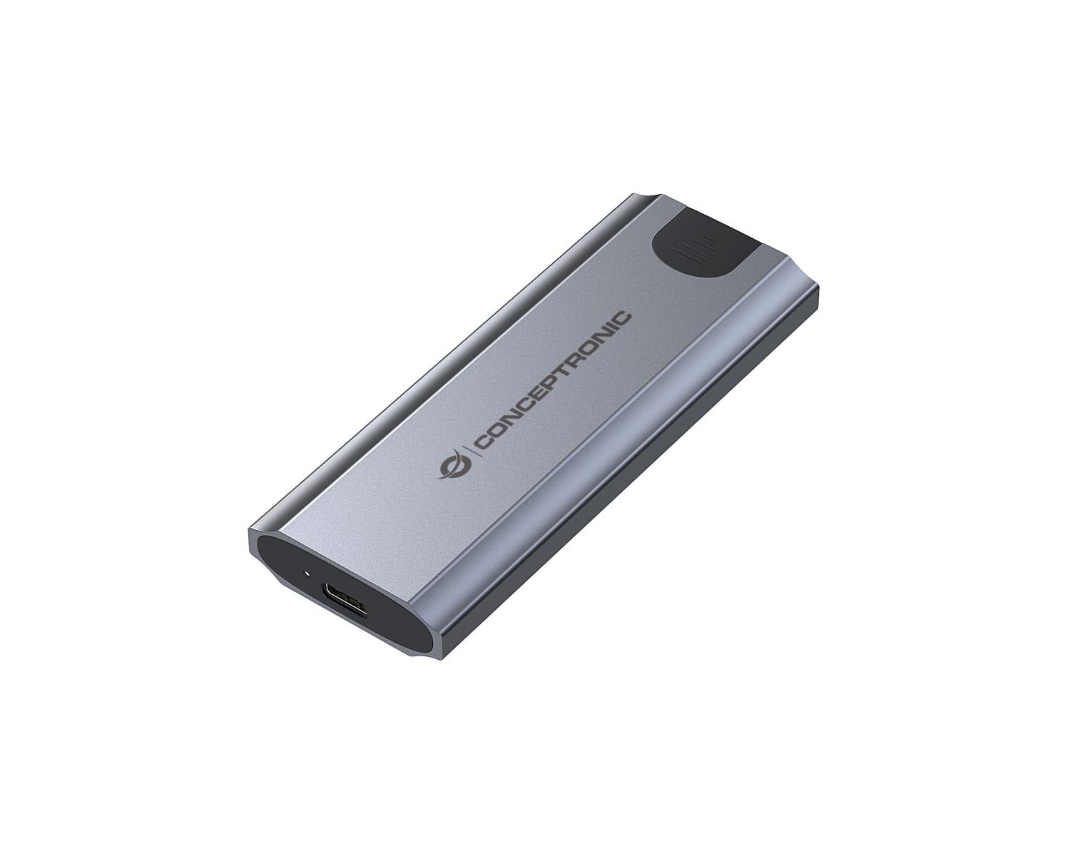 Srebrny zewnętrzny dysk twardy Conceptronic. Jest prostokątny i posiada port USB.