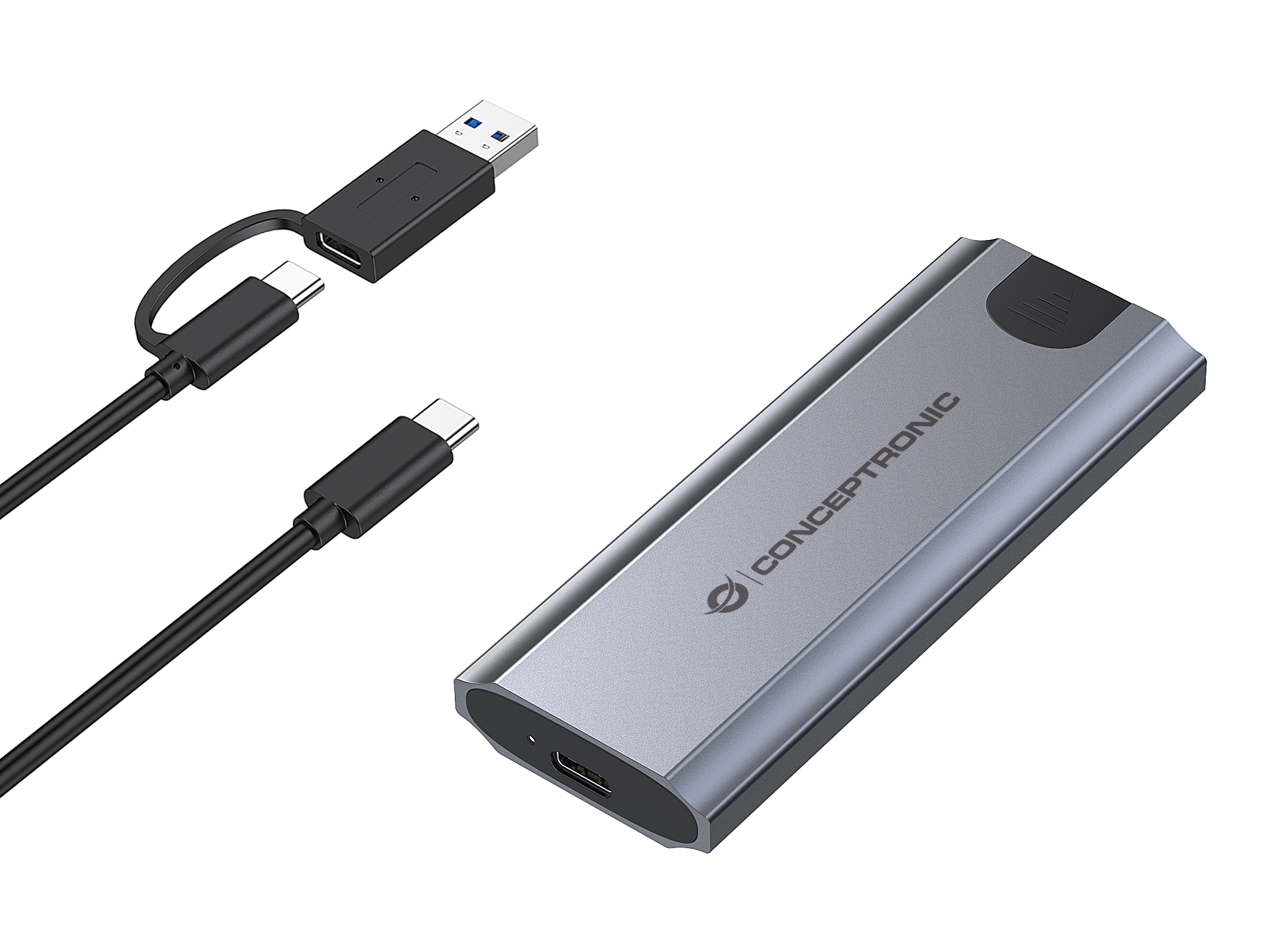 Srebrna obudowa SSD Conceptronic Dante, kabel i kabel USB na białym tle.