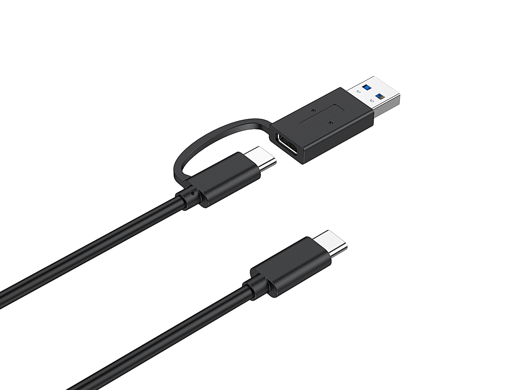 Czarny kabel USB-C i USB-A ze złączami, białe tło.
