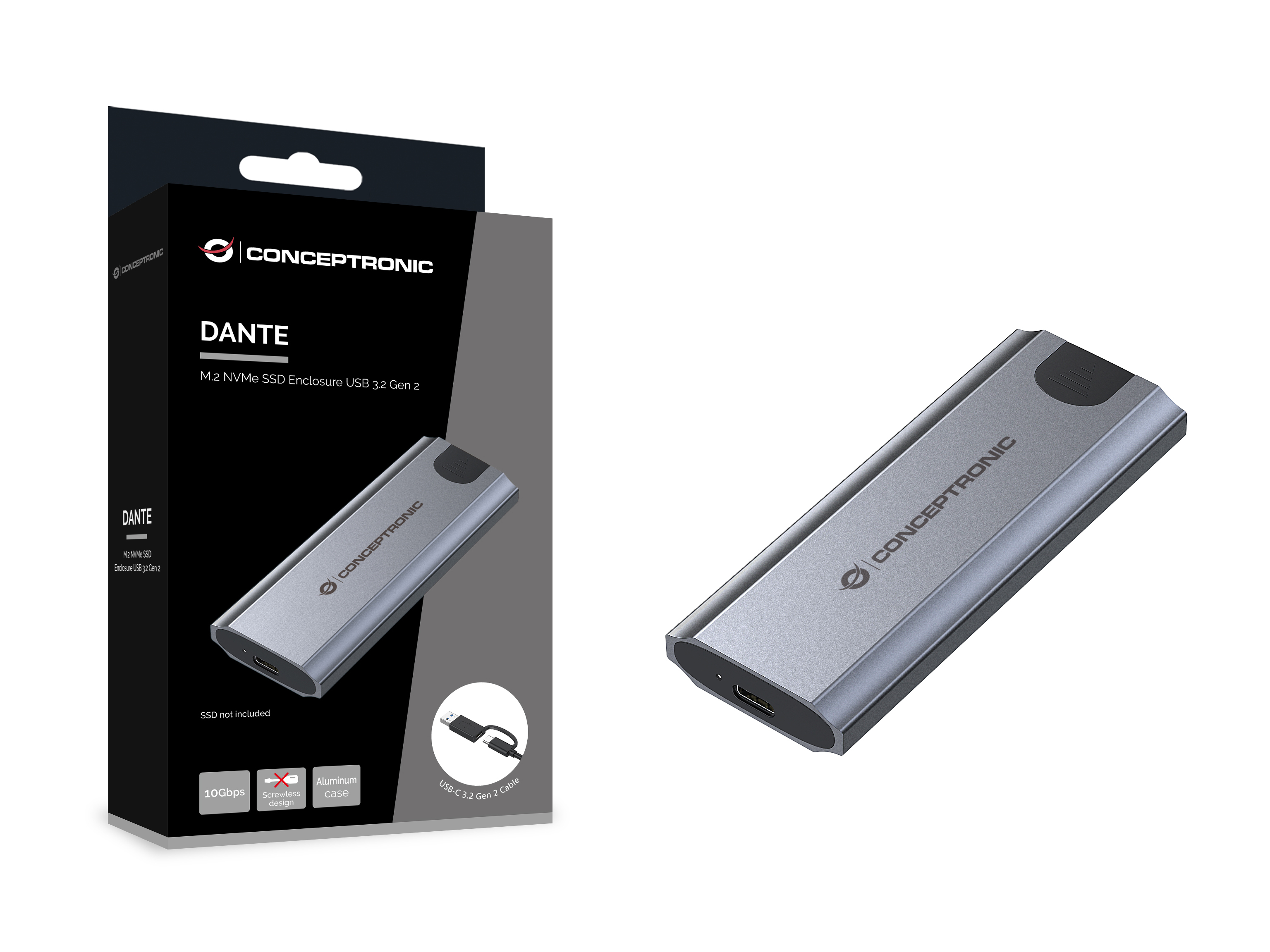 Srebrna obudowa SSD Conceptronic Dante z kablem USB i opakowaniem na białej powierzchni.