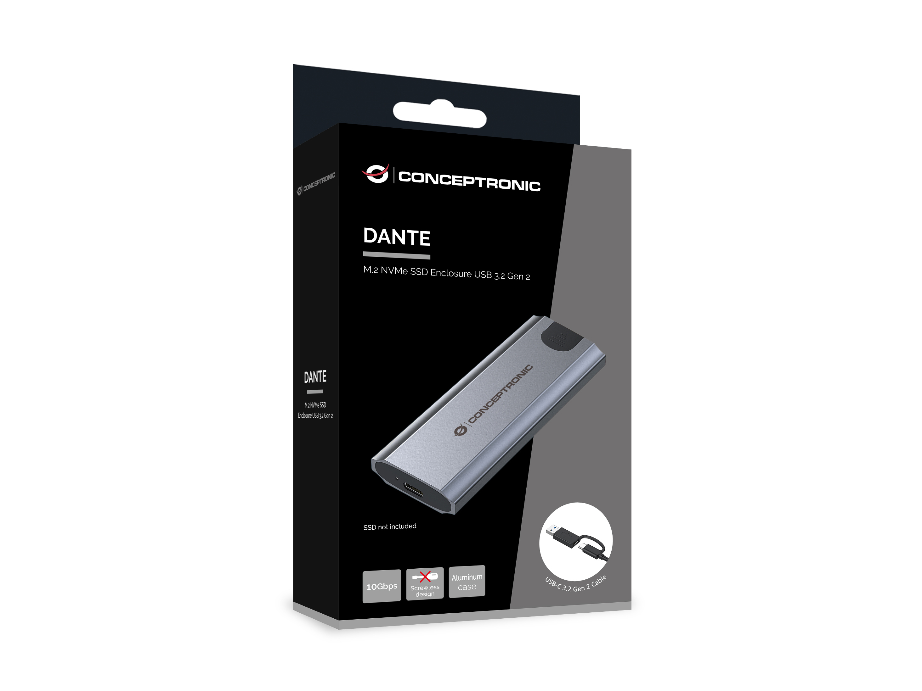 Czarno-szare pudełko z obudową Conceptronic Dante M.2 i kablem USB.
