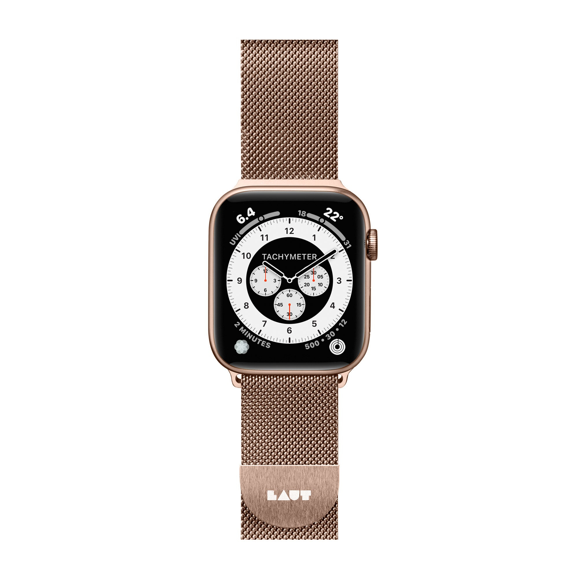 Złoty róż Apple Watch z paskiem z siatki na białym tle.