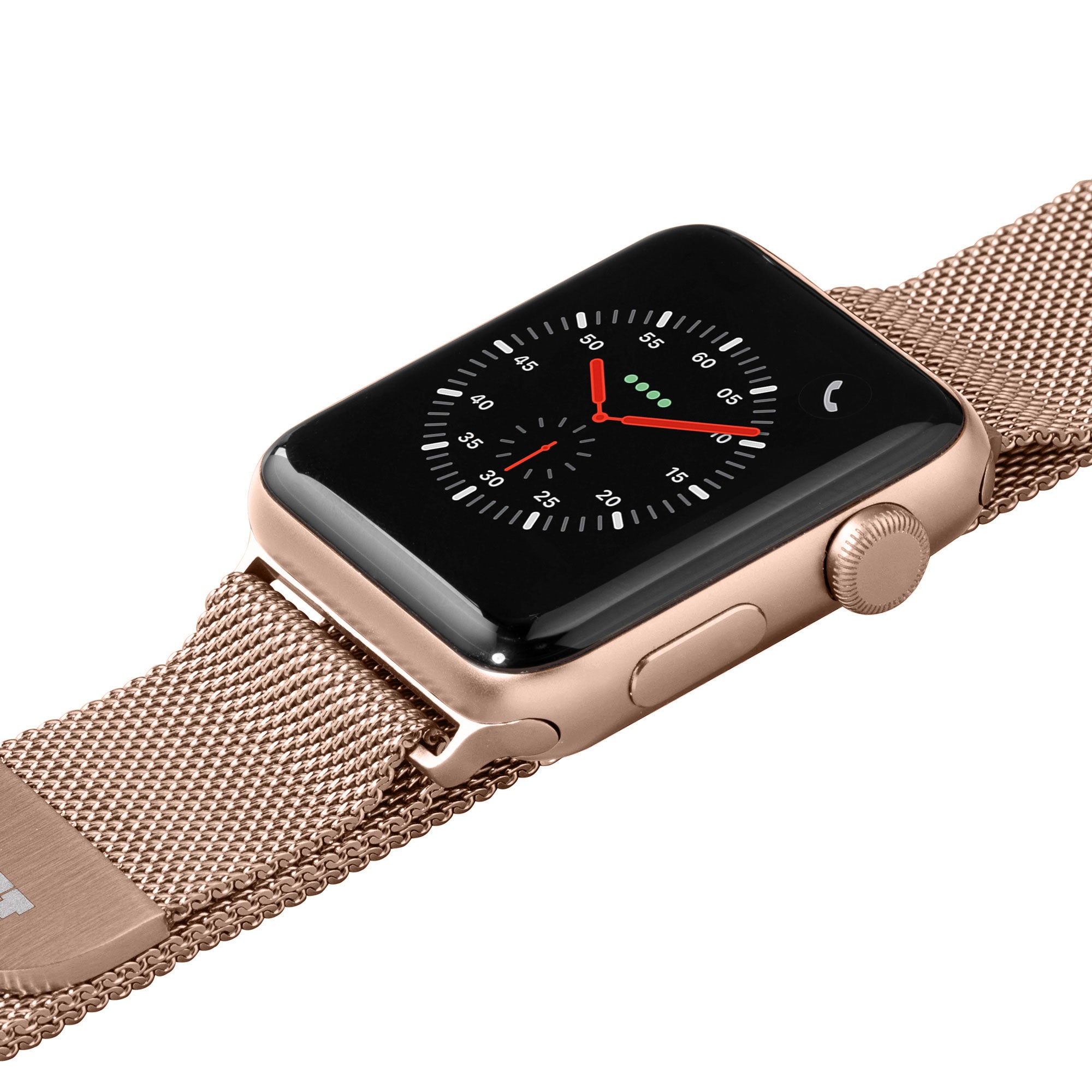 Złoty róż Apple Watch ze złotym paskiem z siatki na białym tle.