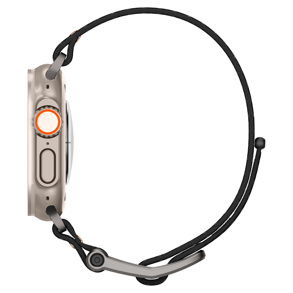 Widok z boku złotego smartwatcha z czarnym i pomarańczowym paskiem.