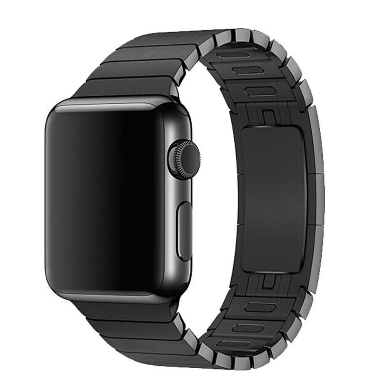 Un Apple Watch nero con cinturino metallico nero. L'orologio è su sfondo bianco.