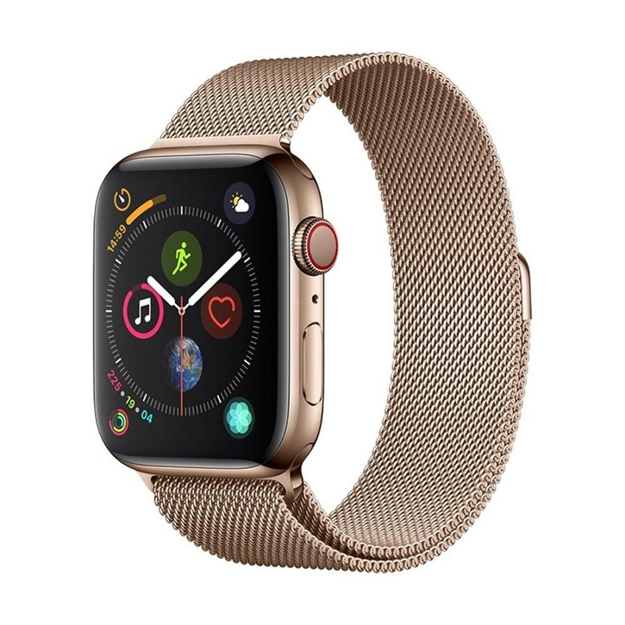 Apple Watch dorato con cinturino a maglia metallica, mostra l'ora e le icone delle app sullo schermo.