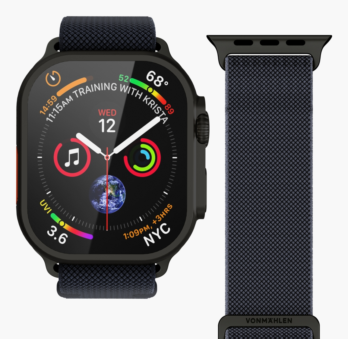 Smartwatch con cinturino nero e quadrante dettagliato. NYC visibile.