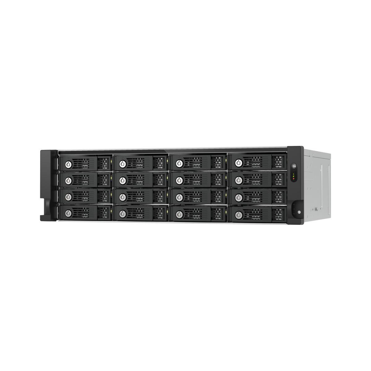 Un server nero con molti dischi rigidi neri. Su sfondo bianco.