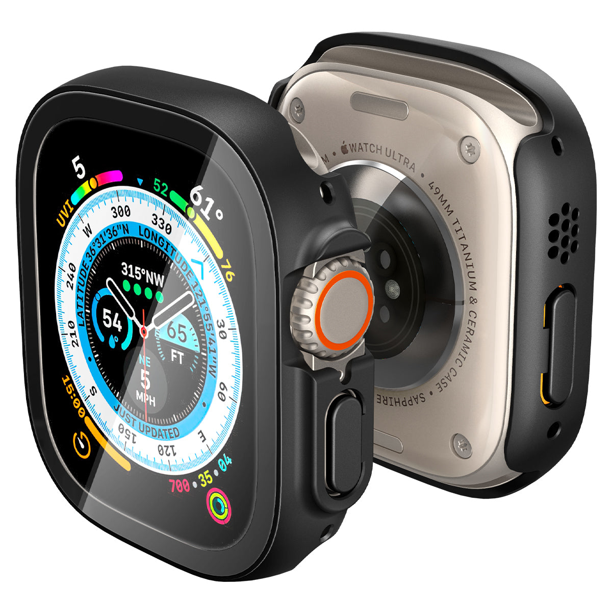 Due Apple Watch, uno con schermo, l'altro con retro. Entrambi con custodie nere.