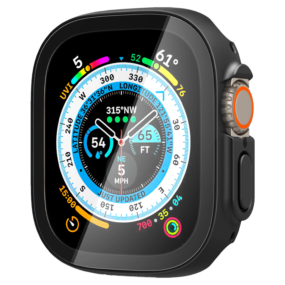 Apple Watch nera con custodia protettiva, mostra ora e dati. Dettagli arancioni.