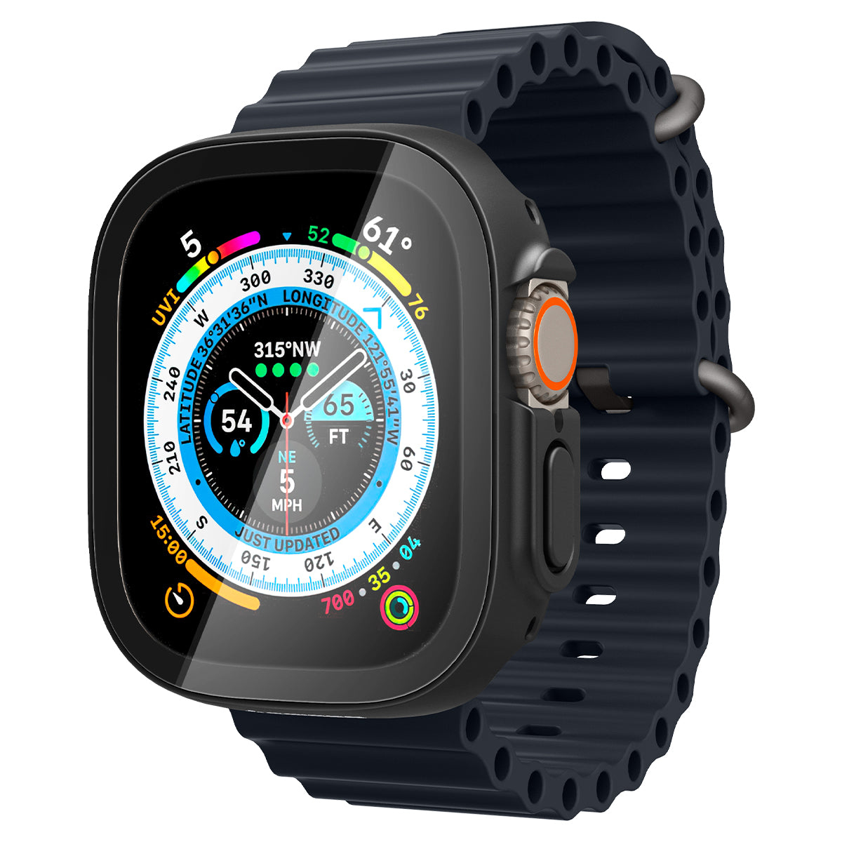 Smartwatch nero con cinturino blu scuro. Mostra dati digitali.