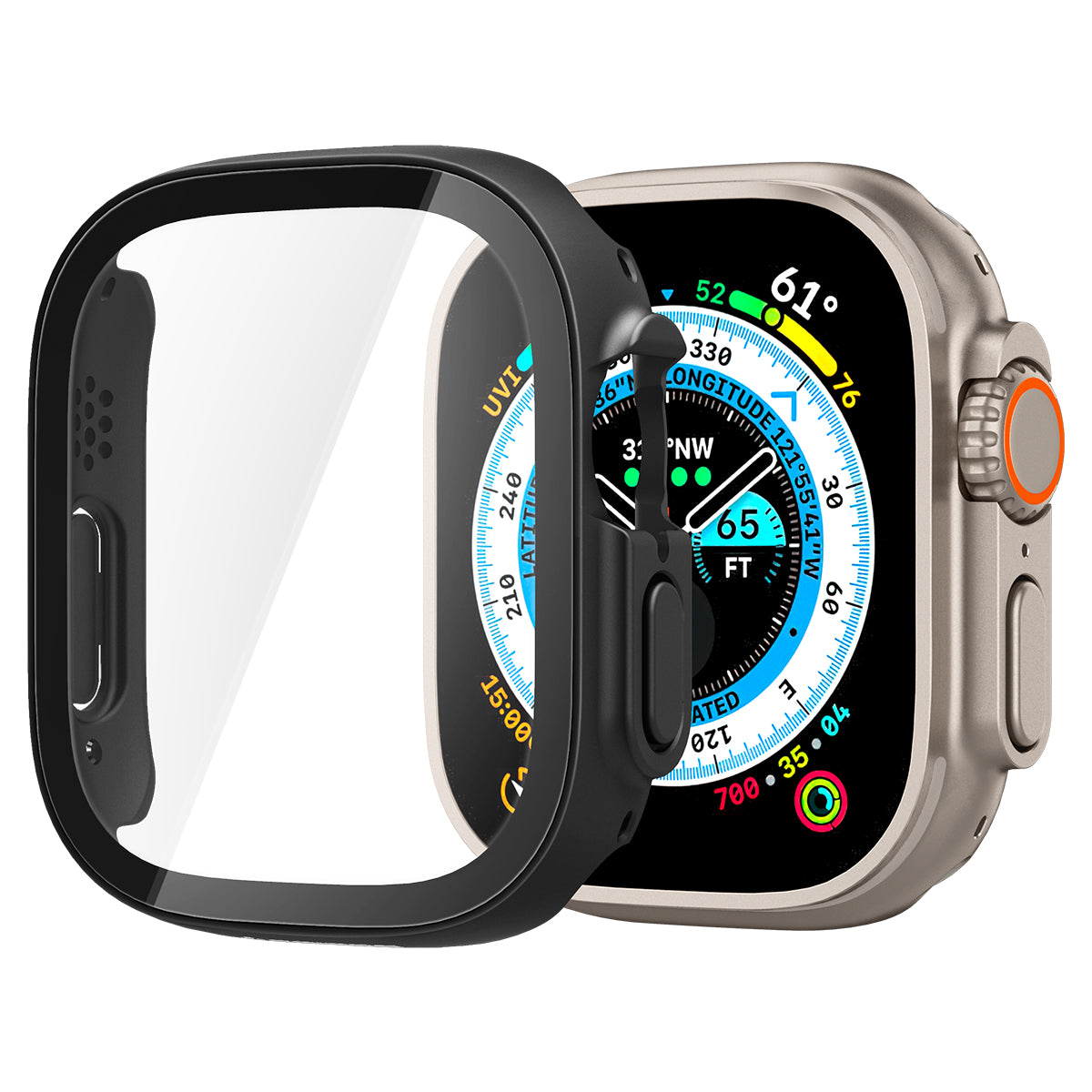 Apple Watch con una custodia protettiva nera. Il quadrante mostra vari dati, incluso l'orario.