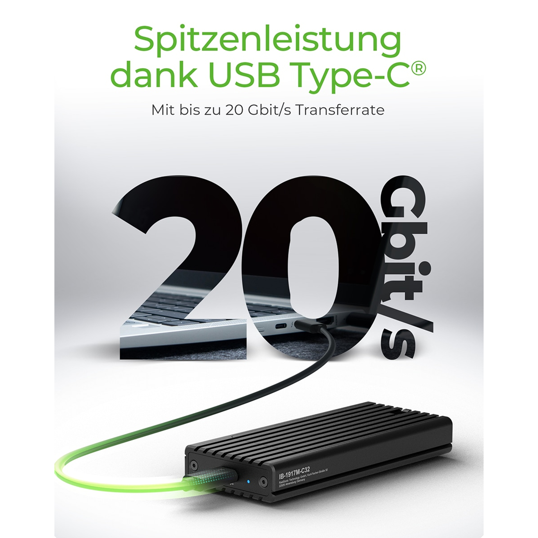 Disco rigido esterno nero collegato a un laptop con cavo USB-C, viene visualizzato '20 Gbit/s'.