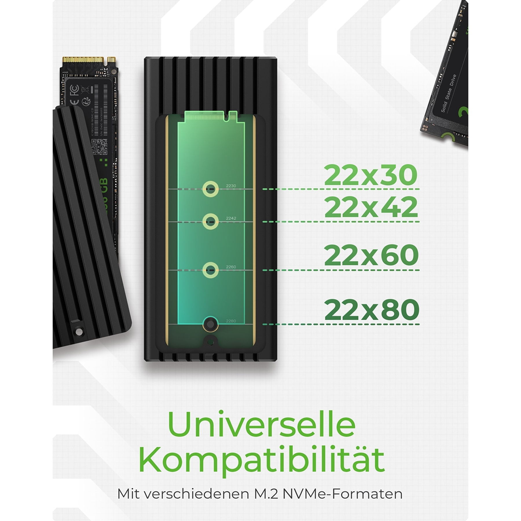Un SSD nero con opzioni di dimensioni diverse contrassegnate e due SSD su ciascun lato. Sfondo bianco.