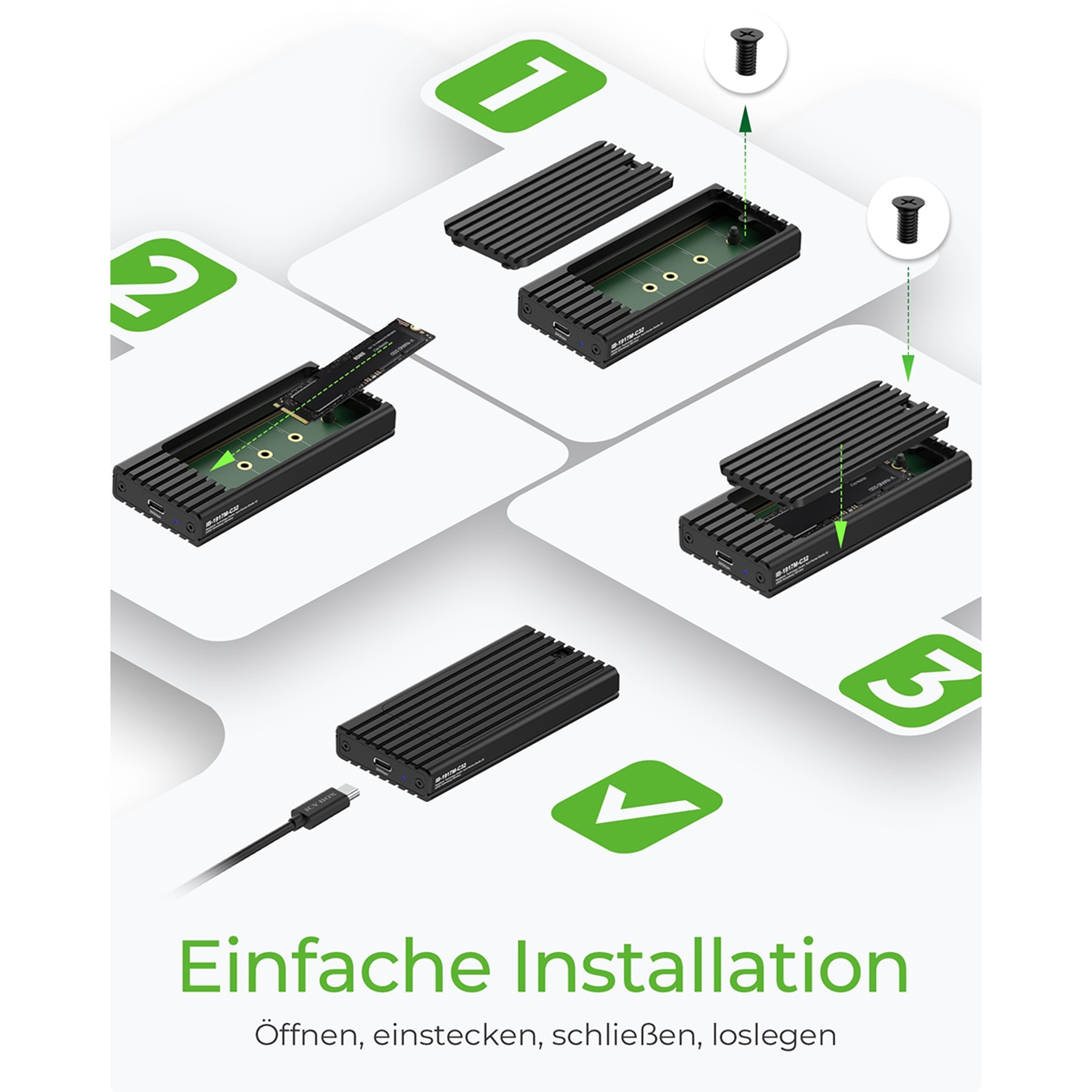 Diagramma che mostra l'installazione di un case SSD nero con viti e connettore, su sfondo bianco.