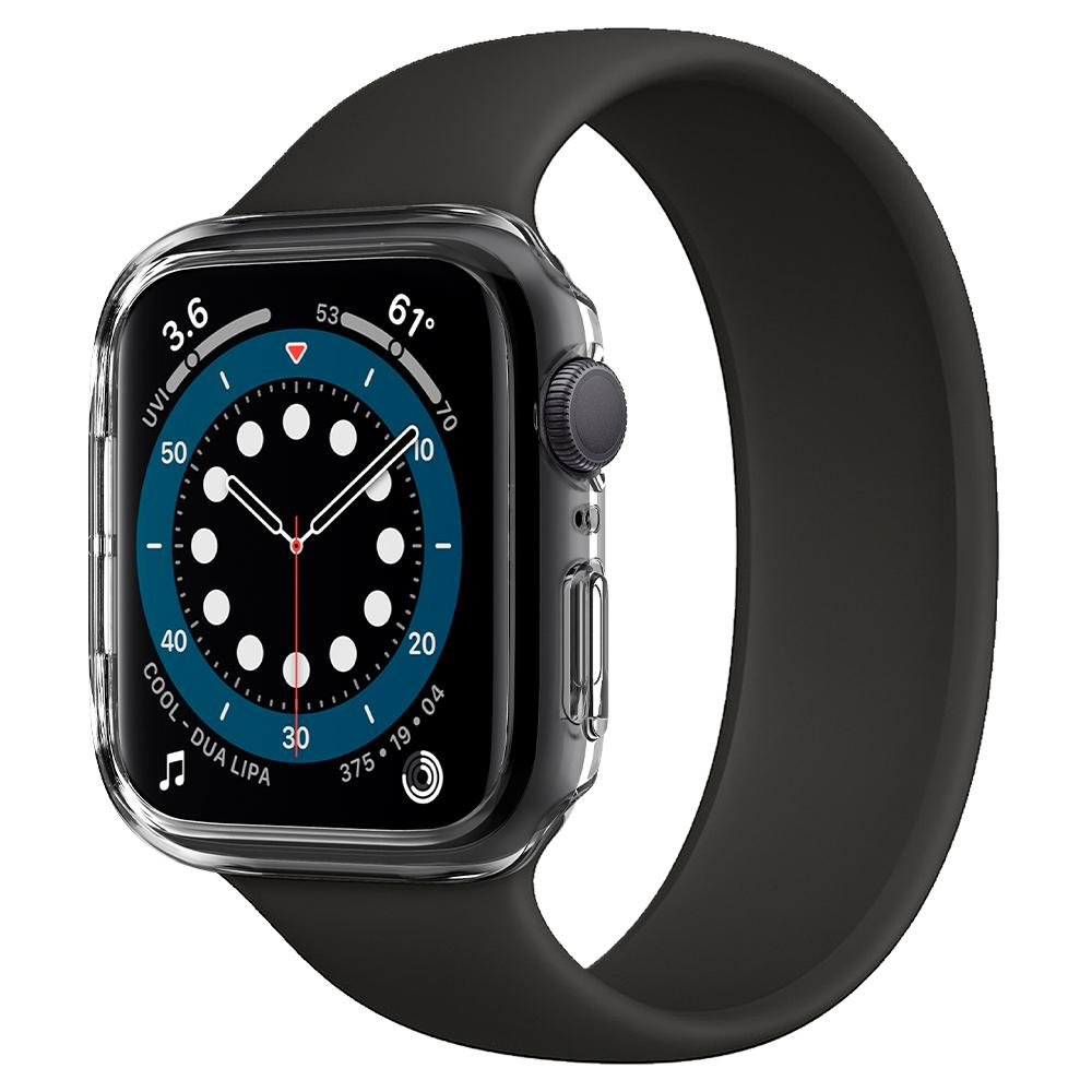 Apple Watch nera con custodia trasparente e cinturino nero. Il quadrante mostra l'ora e i dati.