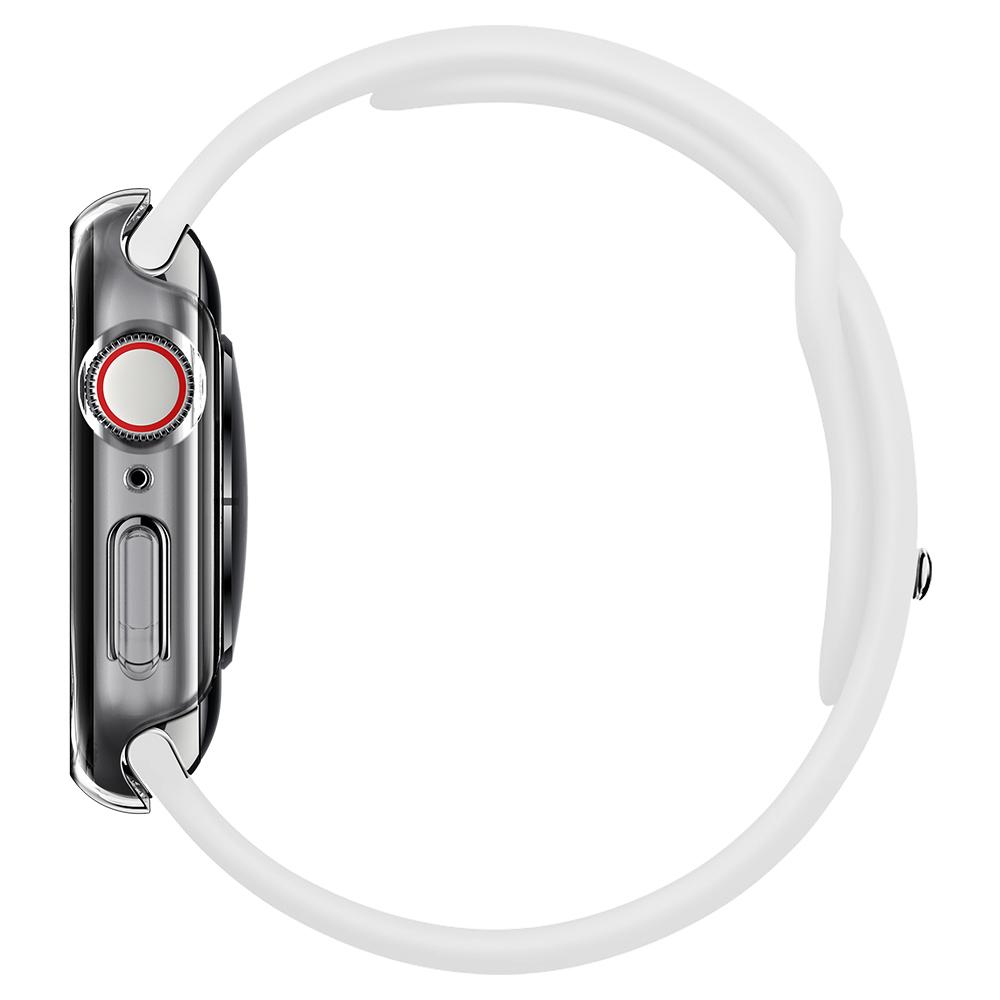 Vista del profilo di Apple Watch con cinturino bianco. L'orologio ha una custodia trasparente e un display digitale.