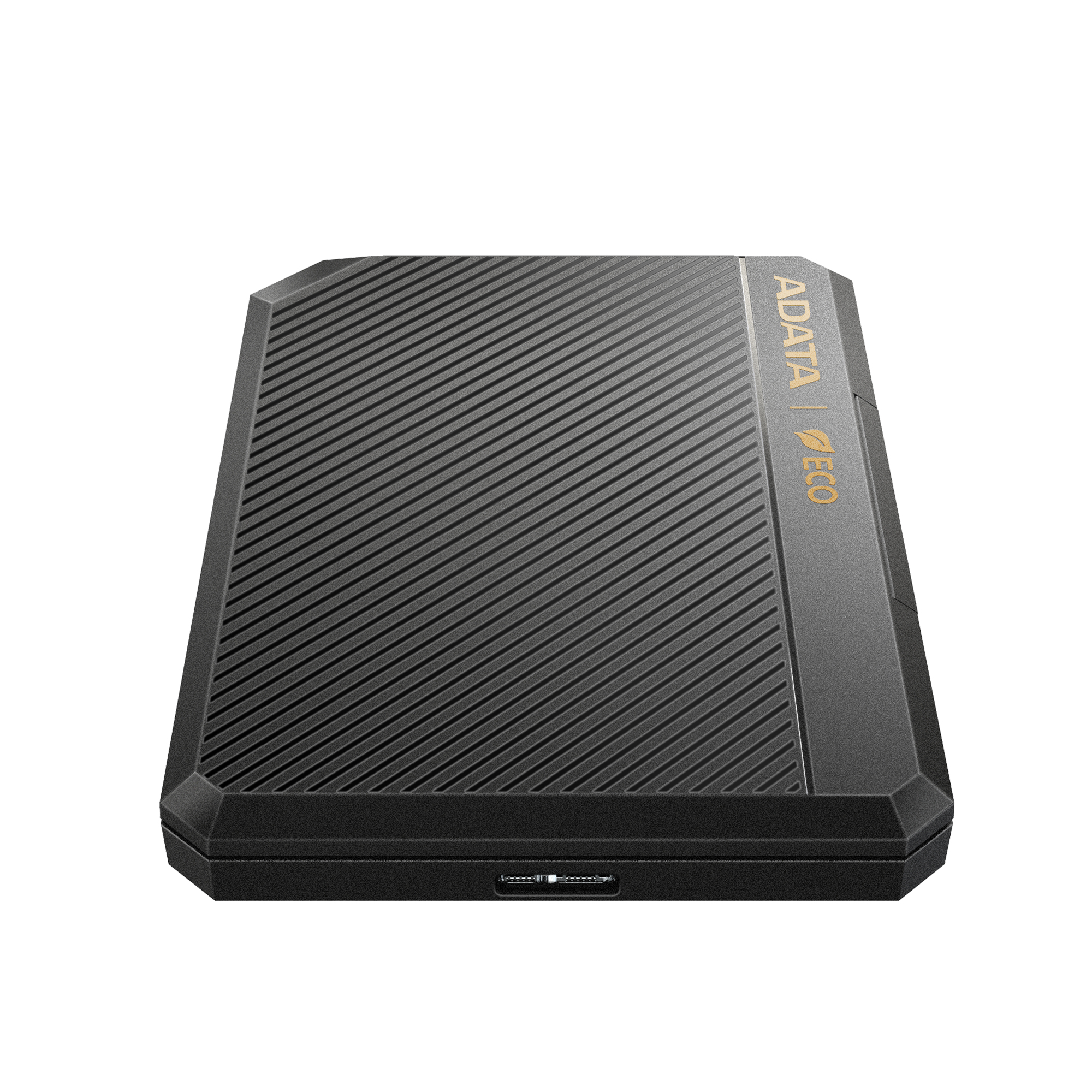 Un disco rigido esterno rettangolare nero con linee diagonali e testo dorato, porta USB visibile.