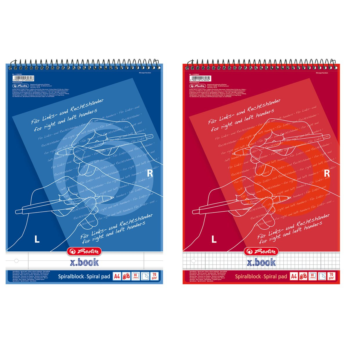 Zwei Spiralnotizbücher, eines blau und eines rot, mit Schrift und Handskizze.