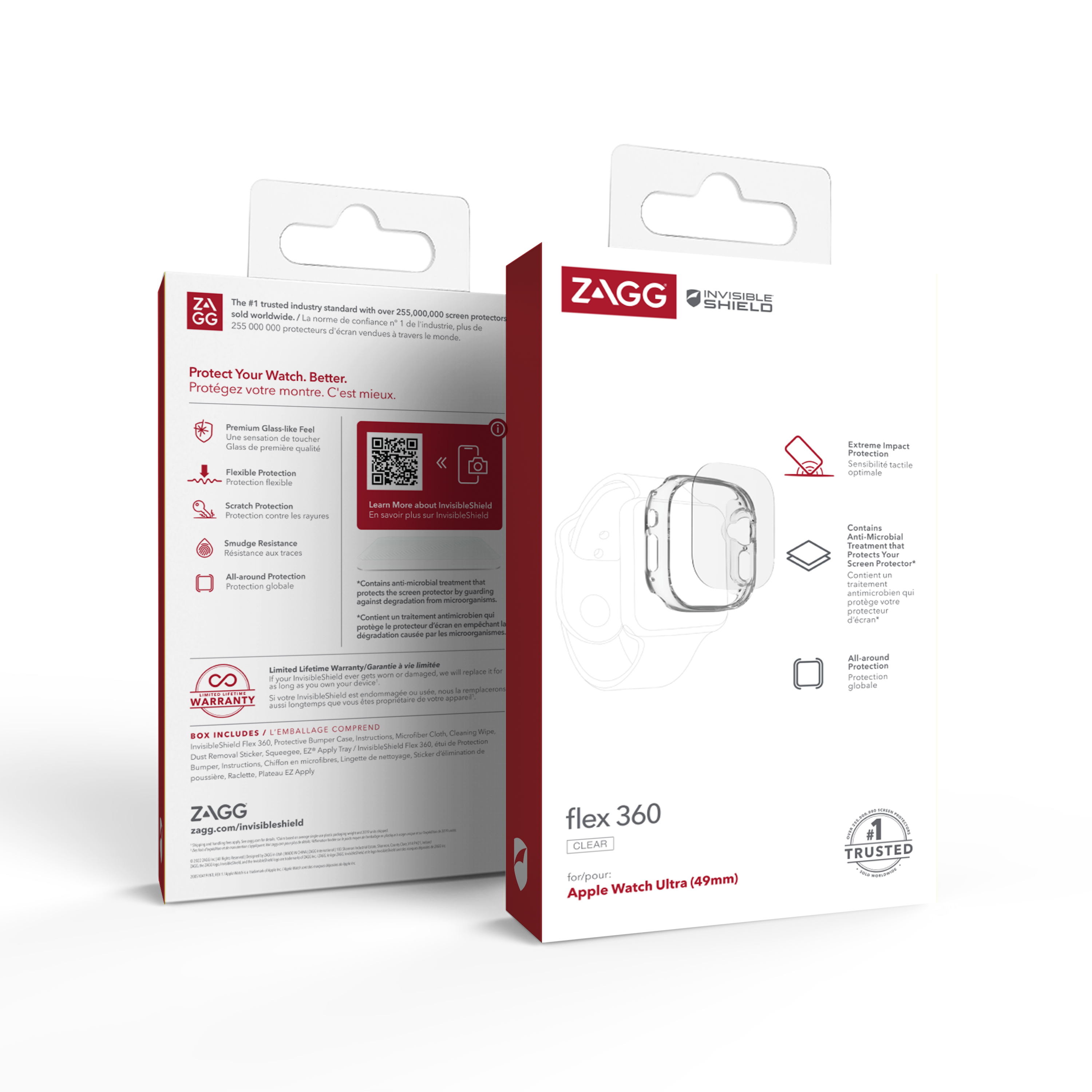 Confezione per un proteggi schermo Apple Watch. Con logo ZAGG e scritta 'flex 360'.