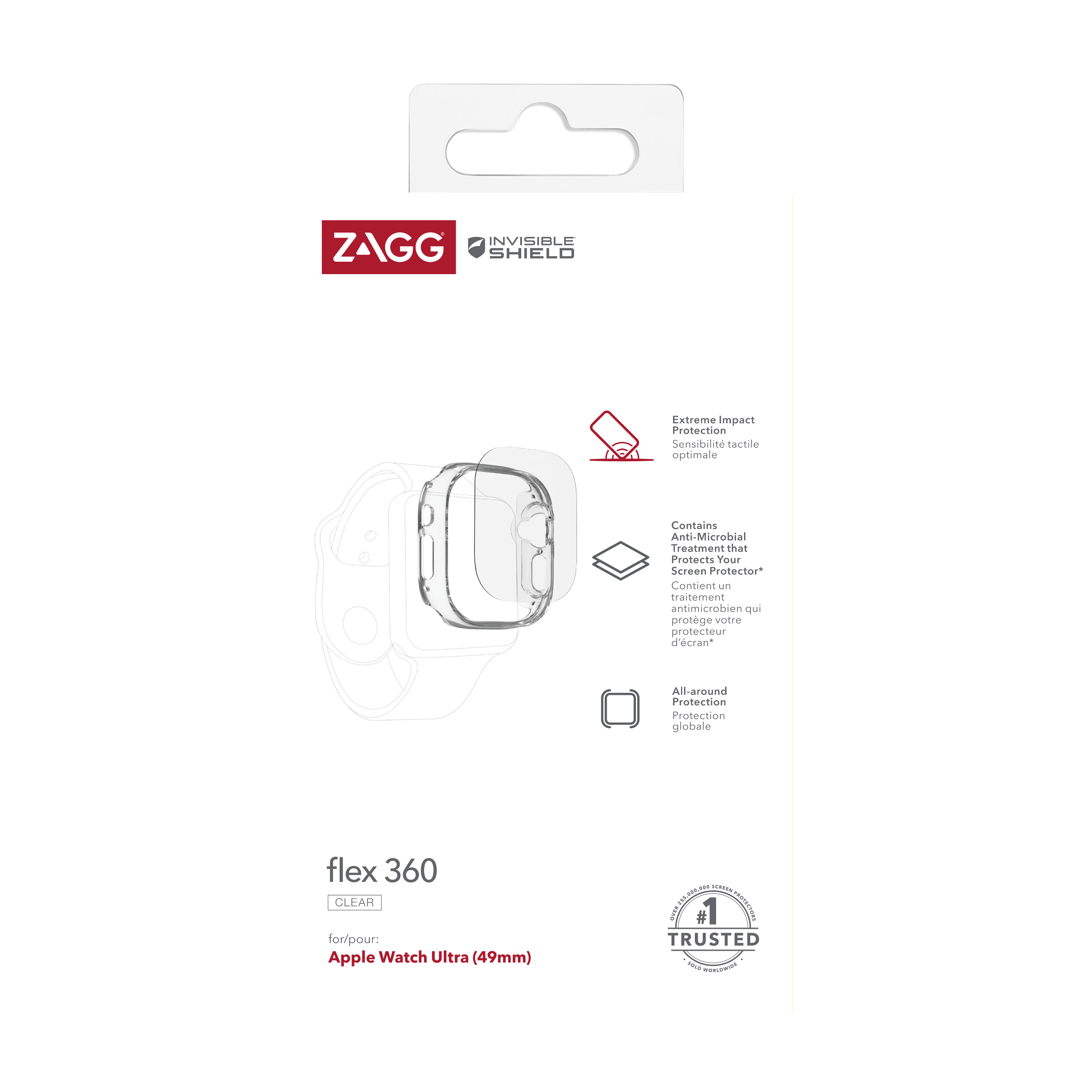 Confezione per un proteggi schermo per Apple Watch. La confezione è bianca e ha il logo ZAGG.