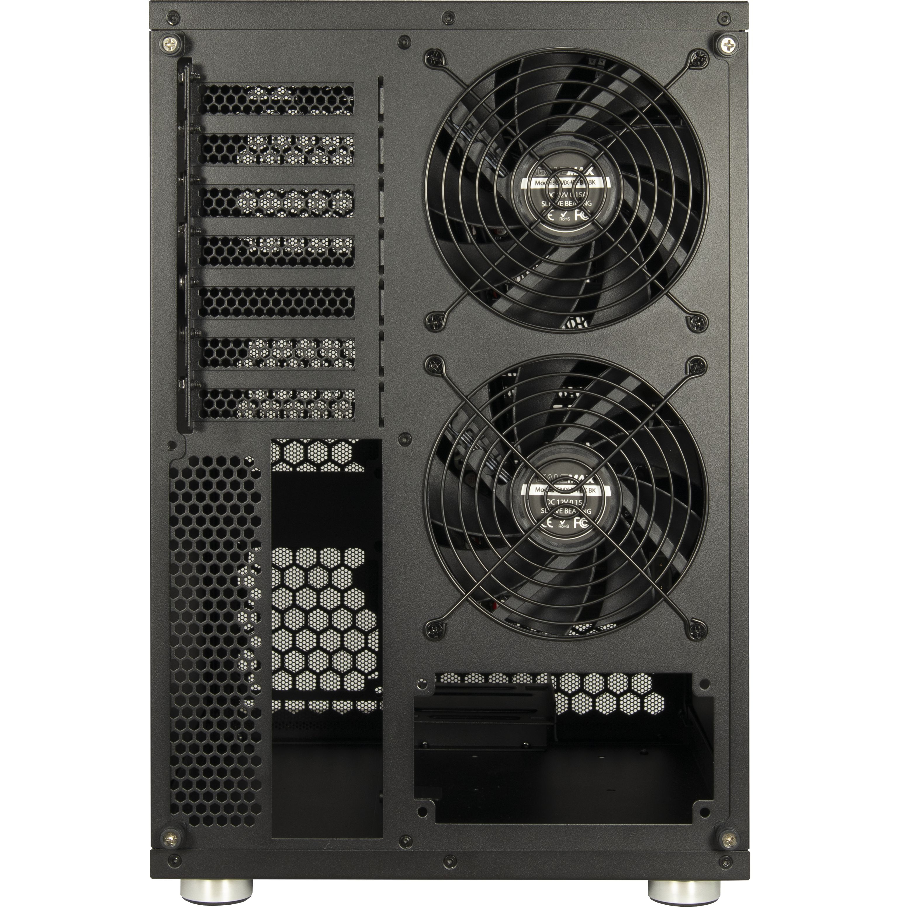 Czarna obudowa komputera, widok z tyłu, z wentylatorami i detalami, na białym tle.