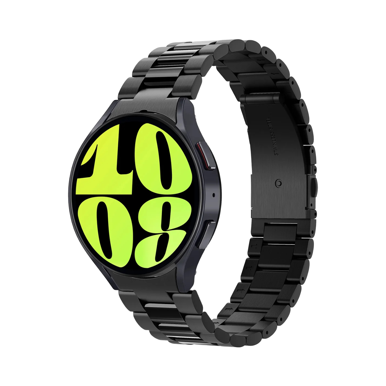 Czarny smartwatch z czarną metalową opaską i neonowo-zielonym wyświetlaczem.