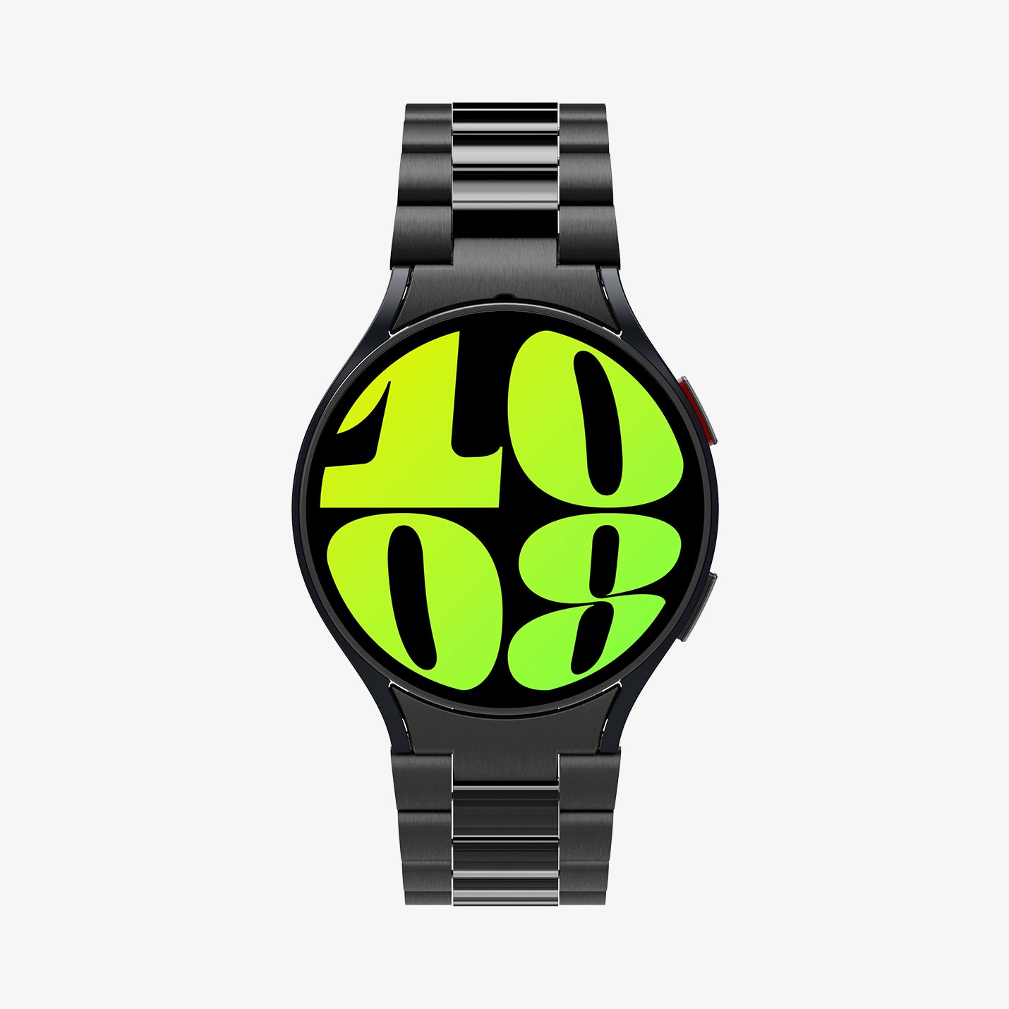 Czarny smartwatch z godziną 10:08 na neonowo-zielonej tarczy, na białym tle.