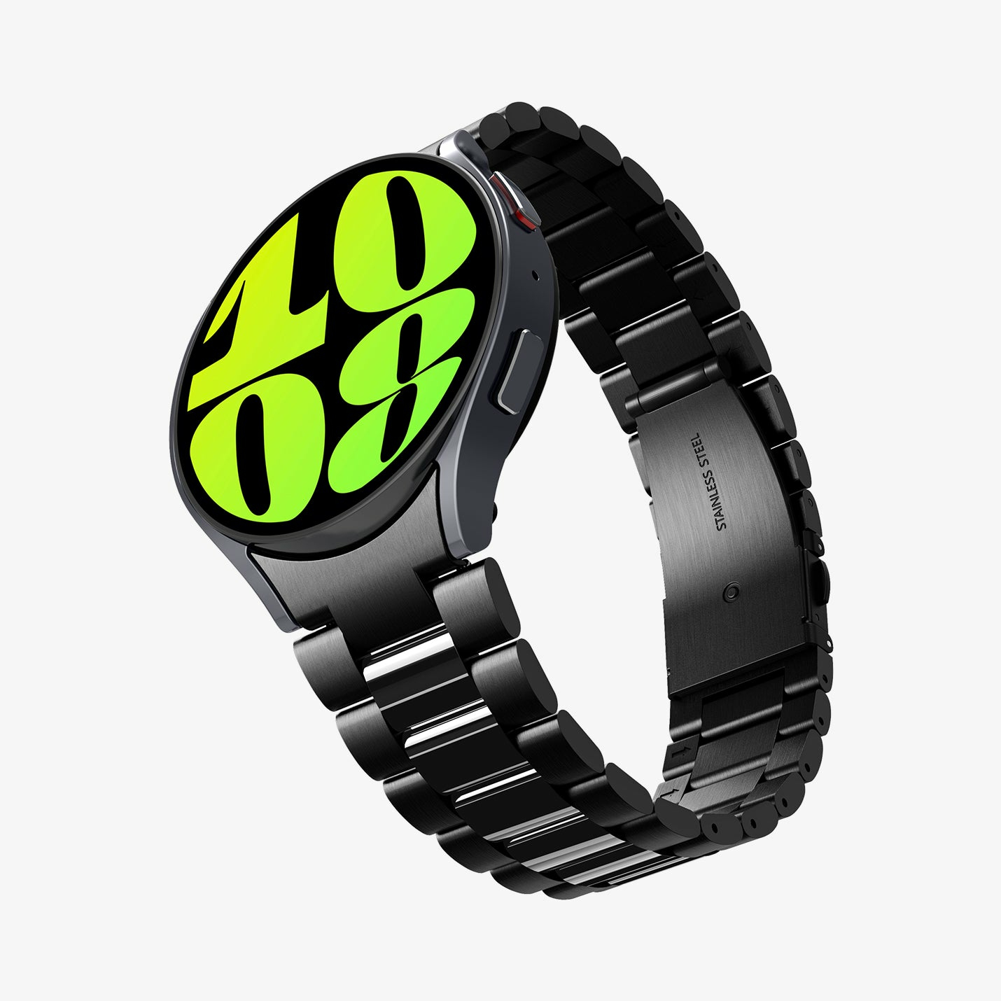 Czarny smartwatch pod kątem, godzina 10:08 na neonowo-zielonej tarczy, białe tło.