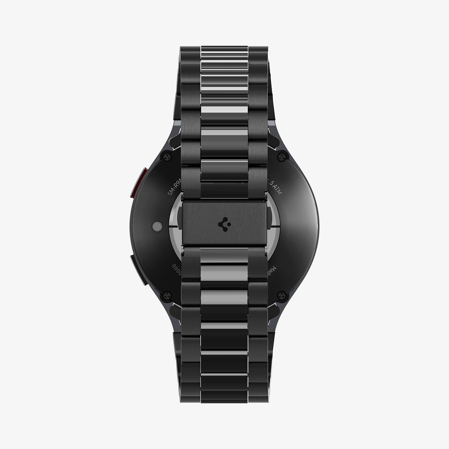 Widok z tyłu czarnego smartwatcha z metalową bransoletą, na białym tle.