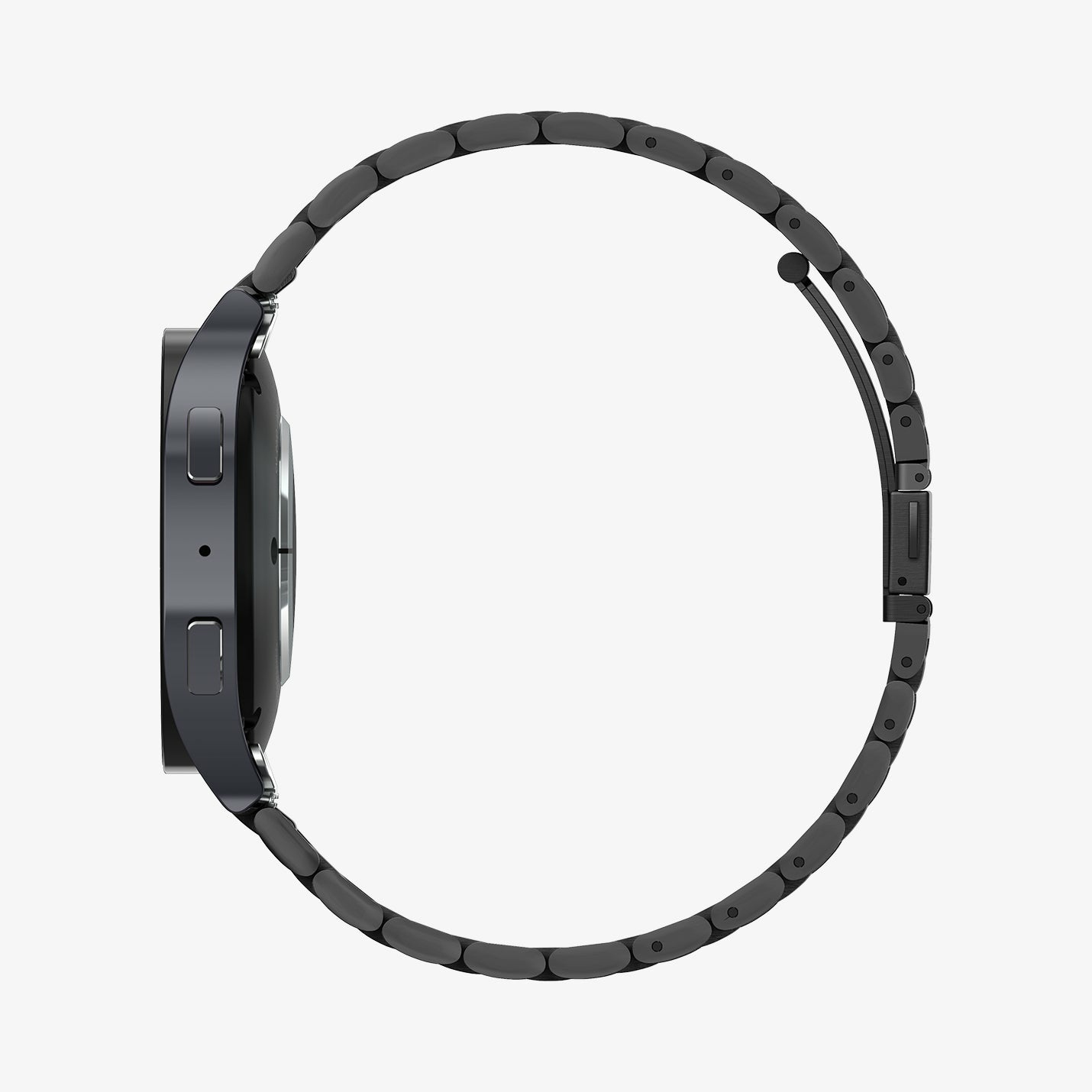 Czarny smartwatch z metalową opaską. Widok z boku, na białym tle.