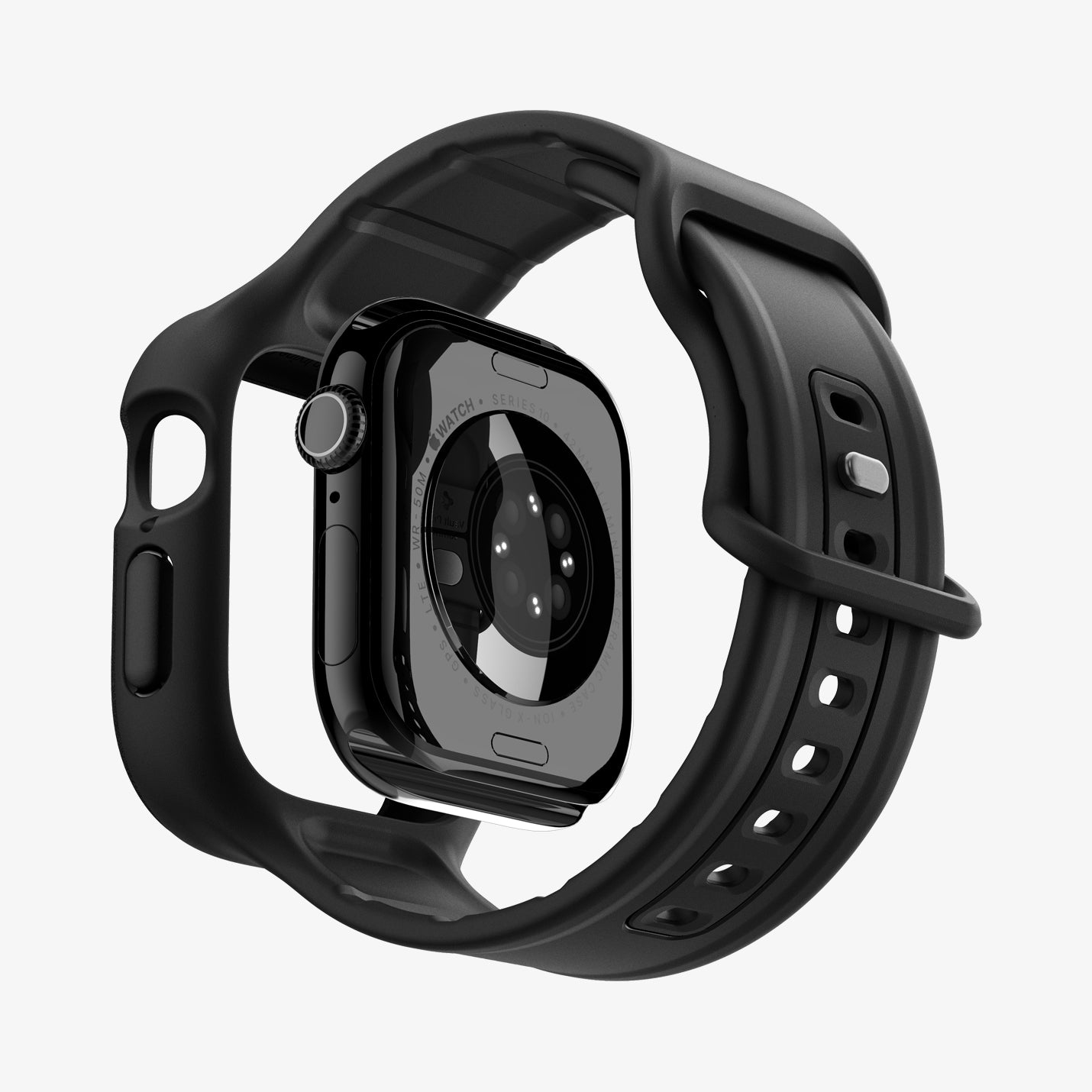 Czarny Apple Watch z czarnym paskiem. Tarcza zegarka jest widoczna.