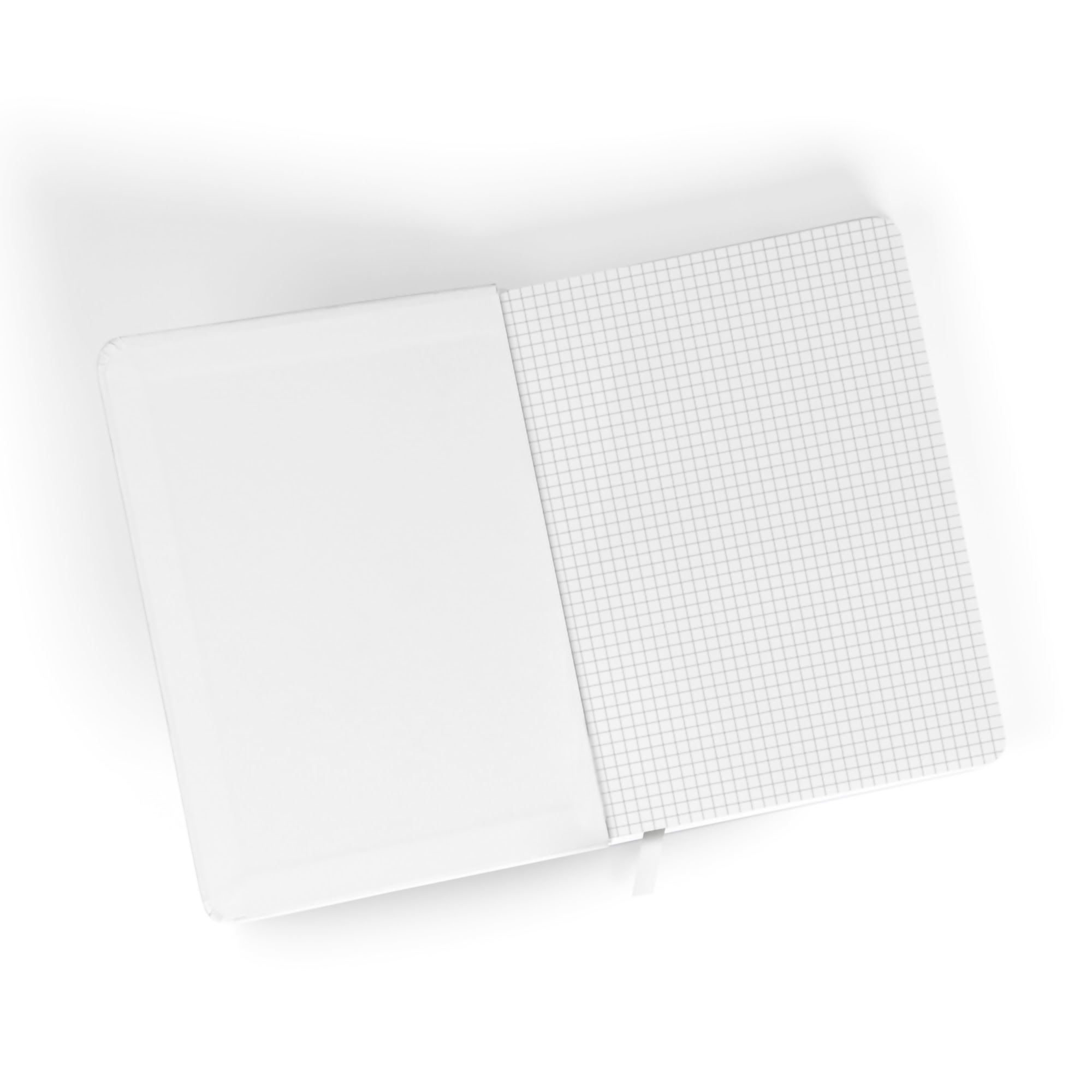 Otwarty notatnik na białej powierzchni. Prawa strona ma wzór kratki.