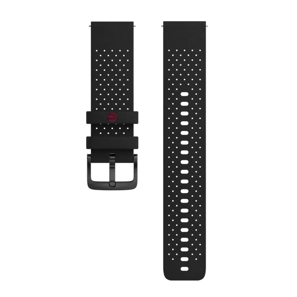 Czarny pasek do Apple Watch. Pasek jest czarny z białymi perforacjami. Pasek jest zakrzywiony.