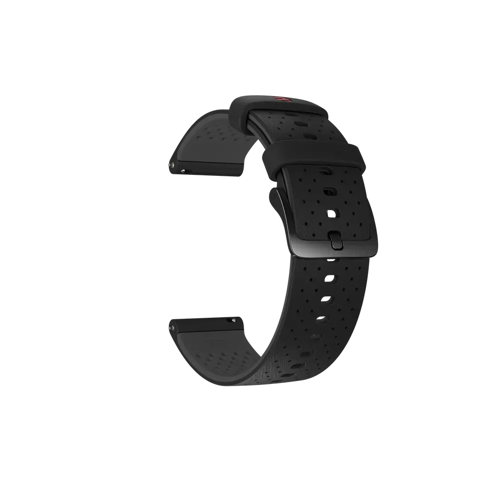 Czarny pasek do Apple Watch. Pasek jest czarny i ma perforacje. Pasek jest zakrzywiony.