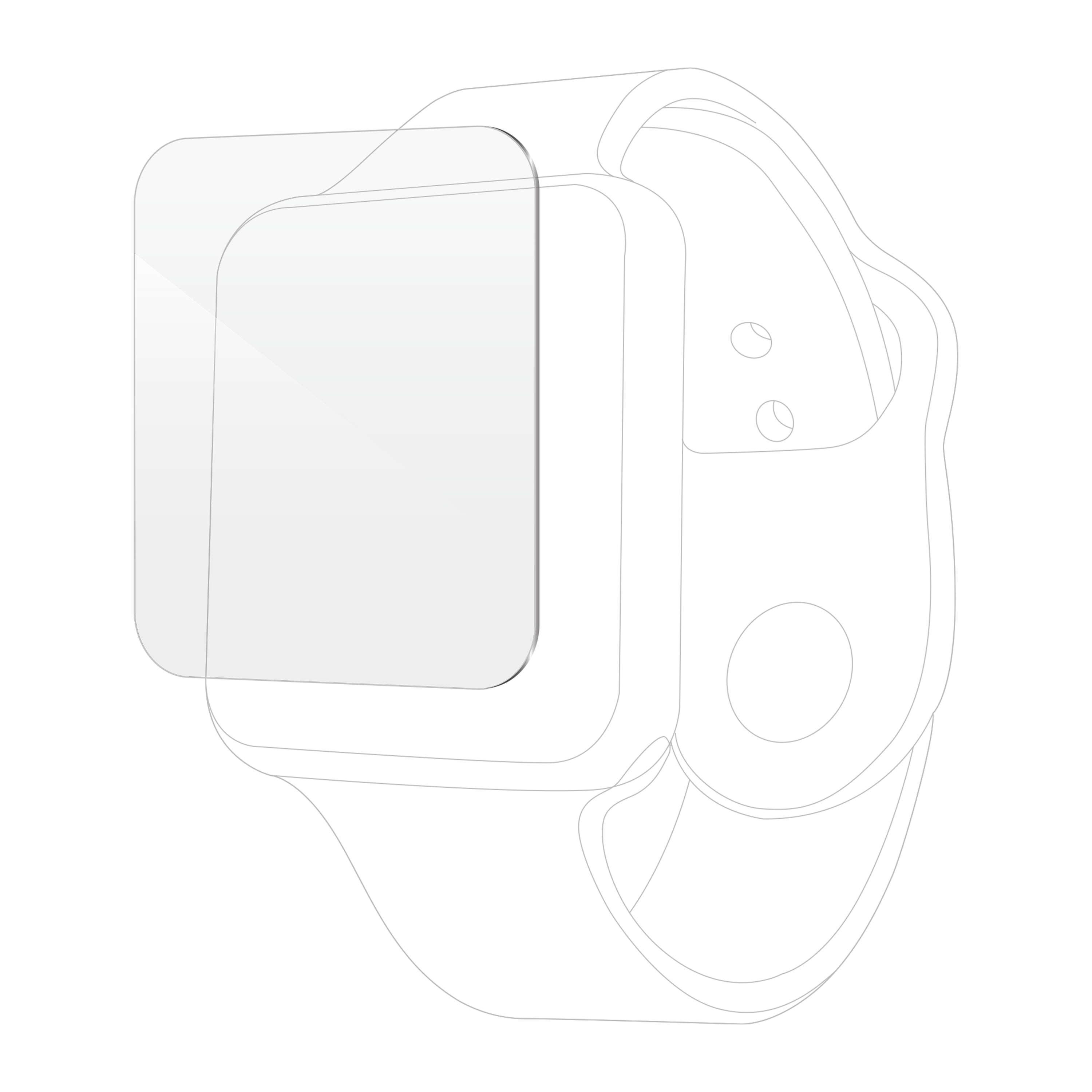 Umriss einer Apple Watch mit einer Displayschutzfolie, die das Display überlagert.