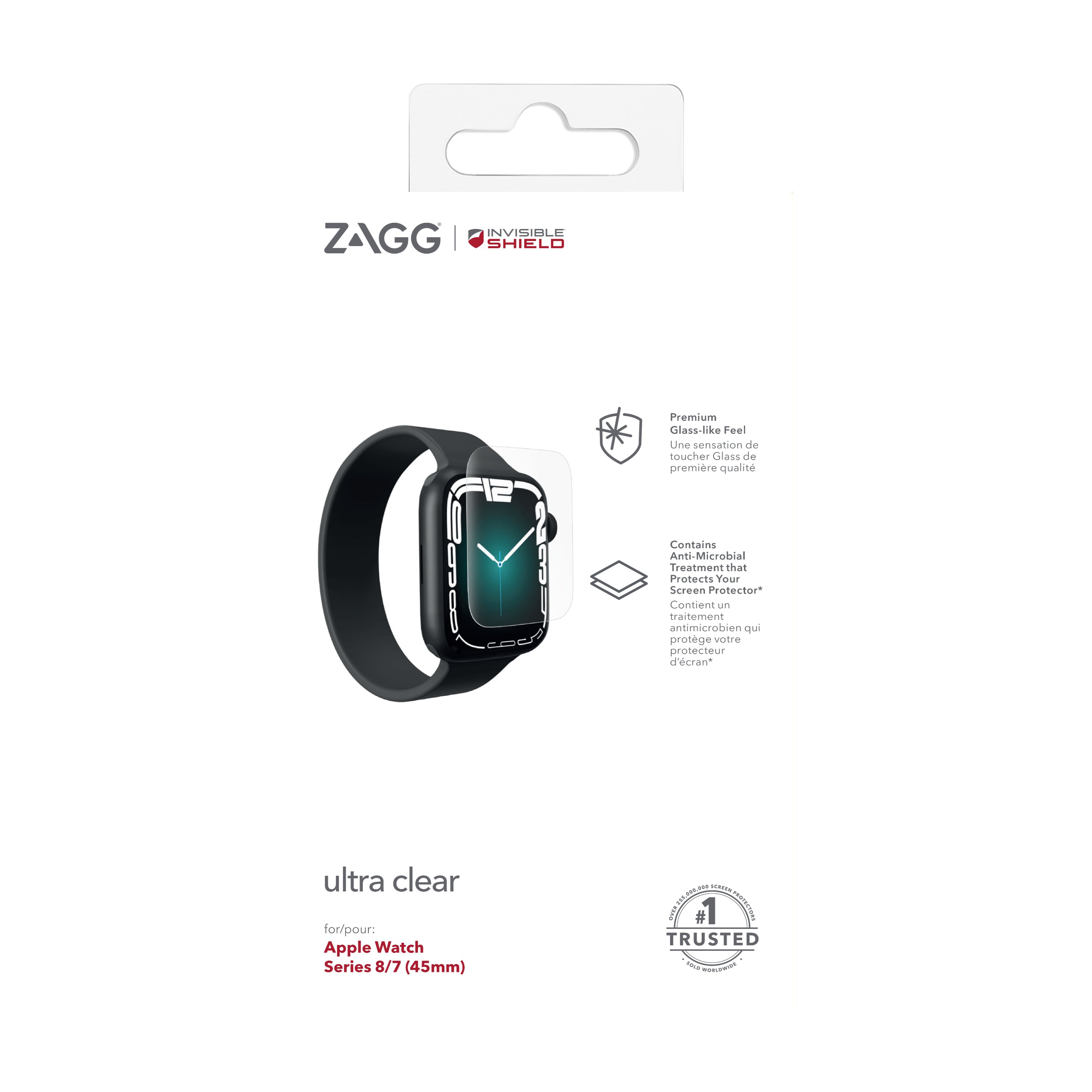 Apple Watch Displayschutzfolie in einer Box, mit einem Uhrenbild und Produktdetails.