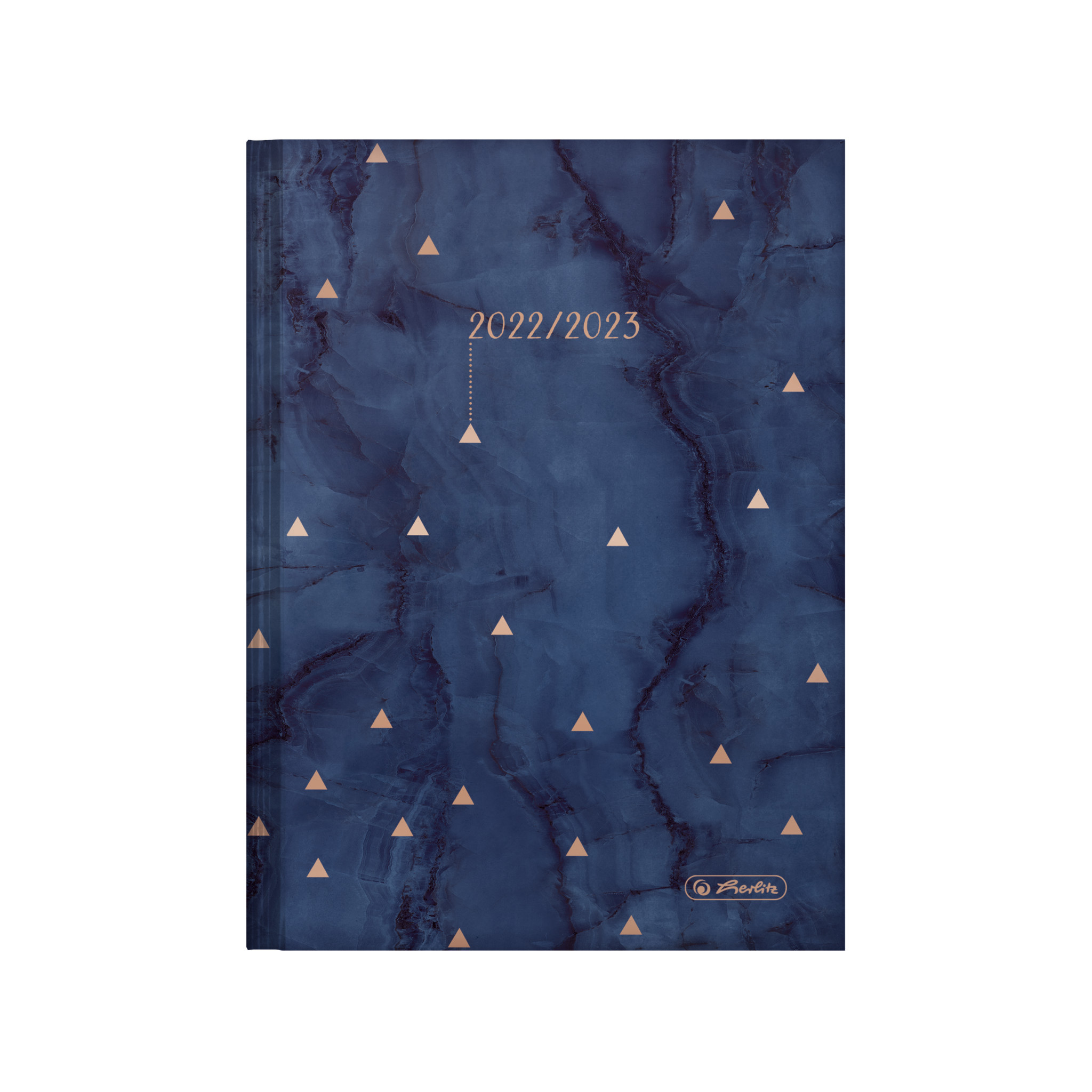 Niebiesko-brązowy dziennik. Okładka ma marmurowy wzór ze złotymi trójkątami.
