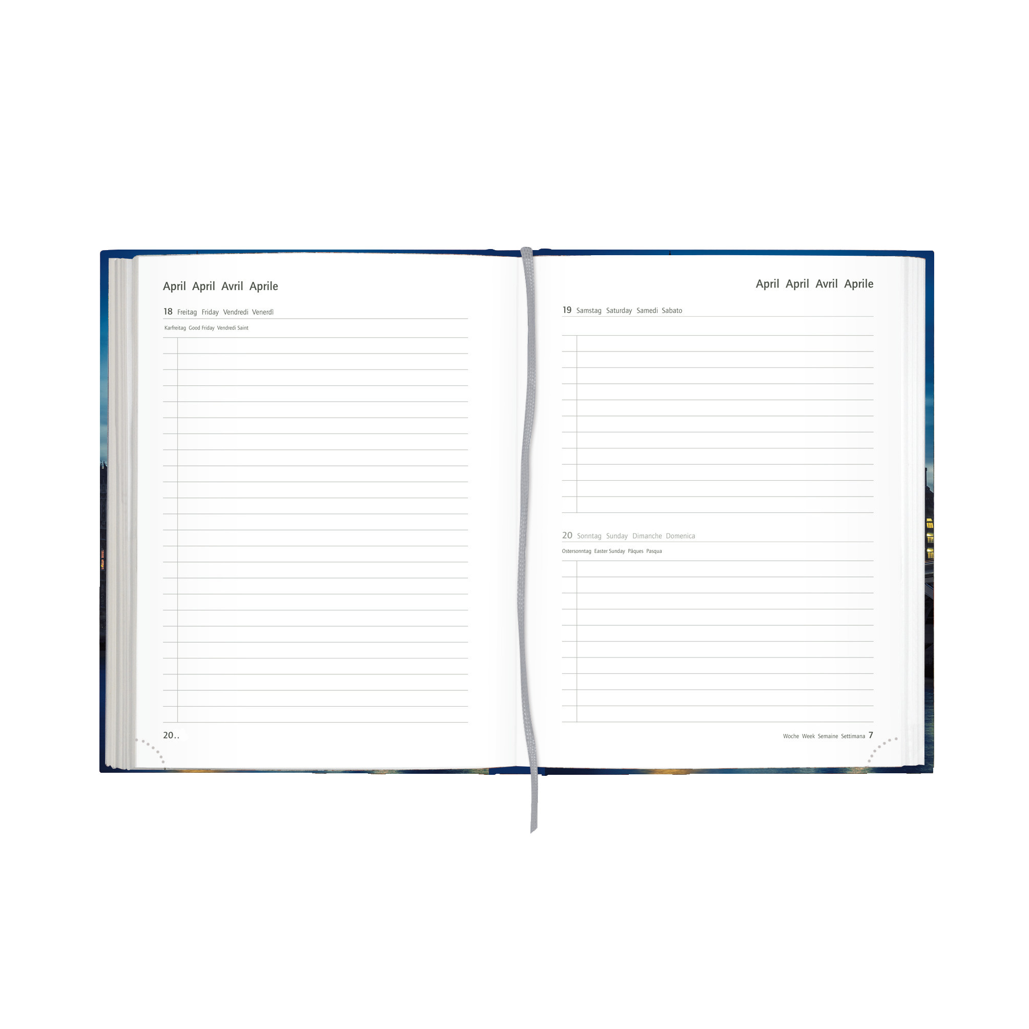 Otwarty dziennik z pustymi stronami oznaczonymi 'Kwiecień'. Szara wstążka pośrodku.