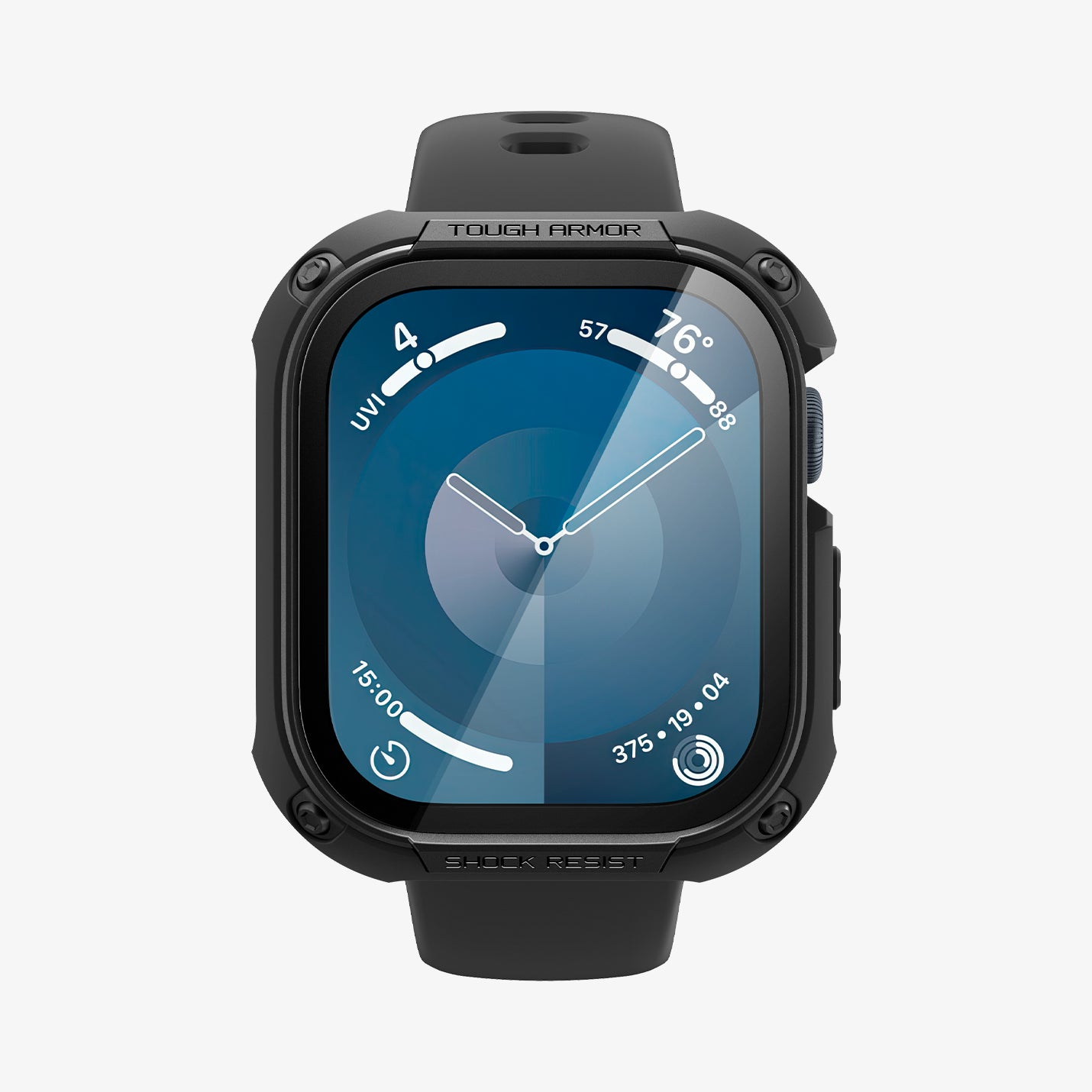 Czarny Apple Watch z etui ochronnym. Zegarek wyświetla godzinę, temperaturę i UV.