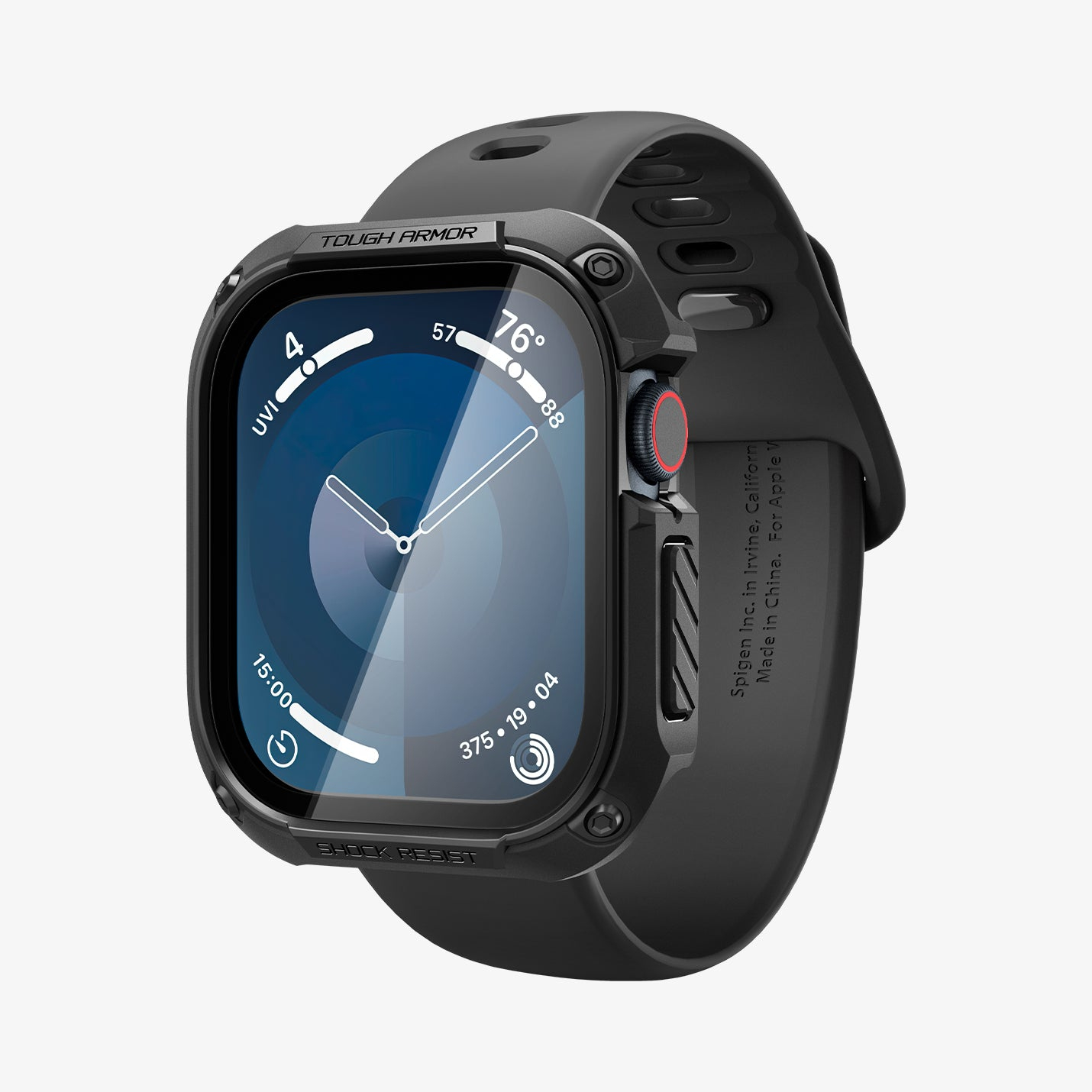 Czarny Apple Watch z czarną obudową i paskiem, pokazujący godzinę.