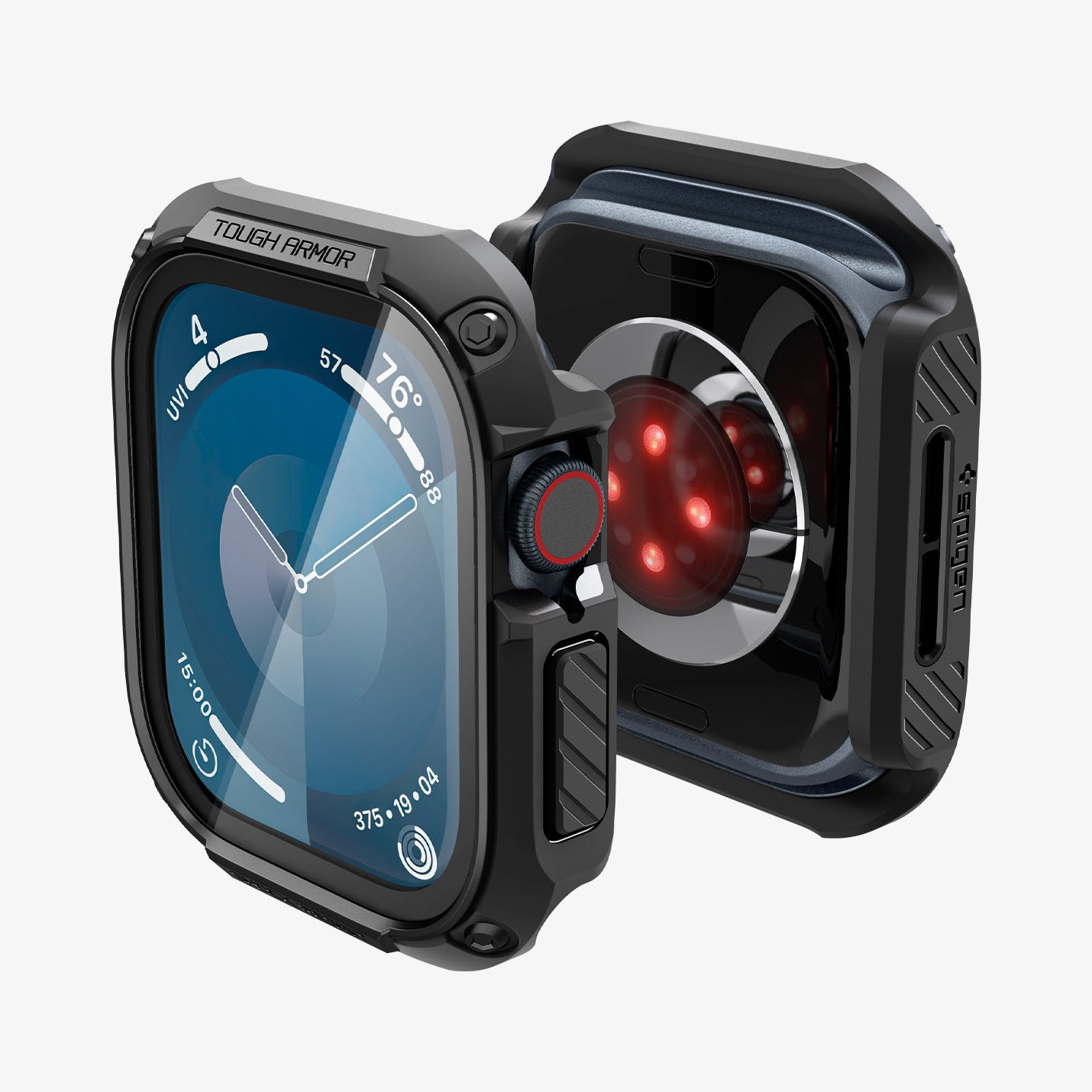 Czarny Apple Watch w etui, pokazujący godzinę, z otwartą drugą częścią.