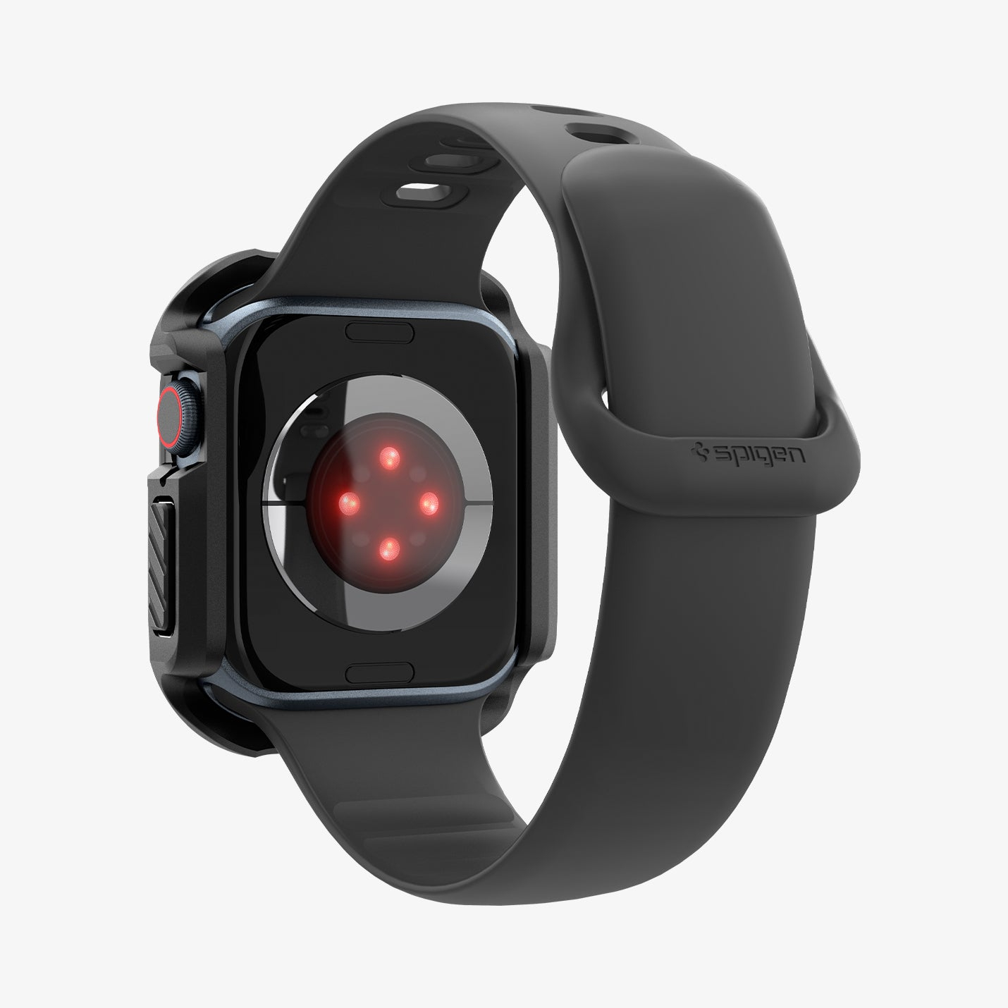 Apple Watch z czarnym paskiem i obudową, widok z tyłu, pokazujący czujnik.