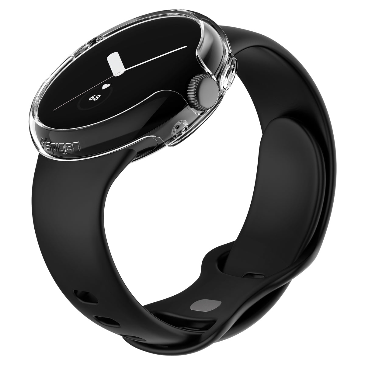 Apple Watch con cinturino nero e protezione trasparente su sfondo bianco.