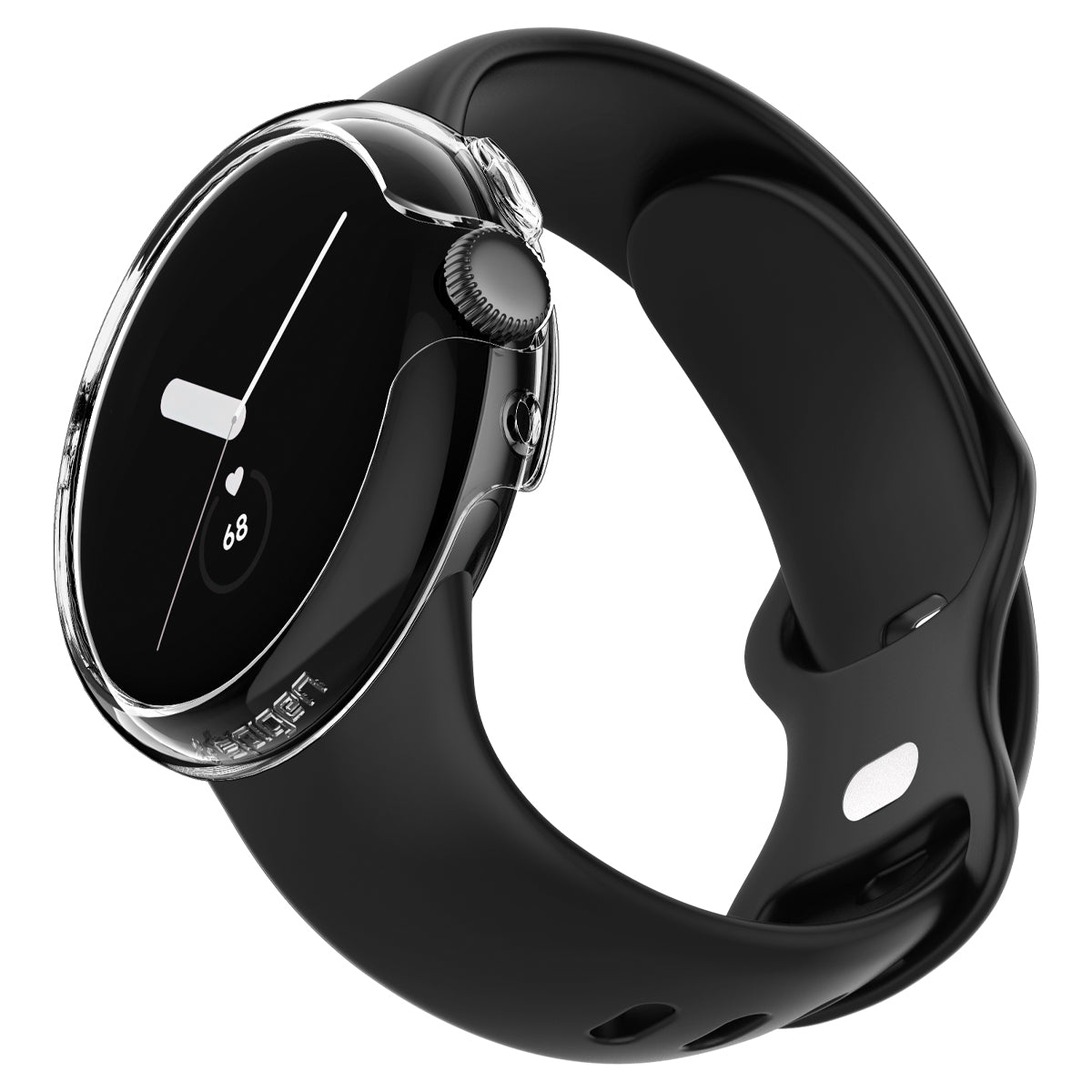 Pixel Watch nera con cinturino nero, mostra l'ora.