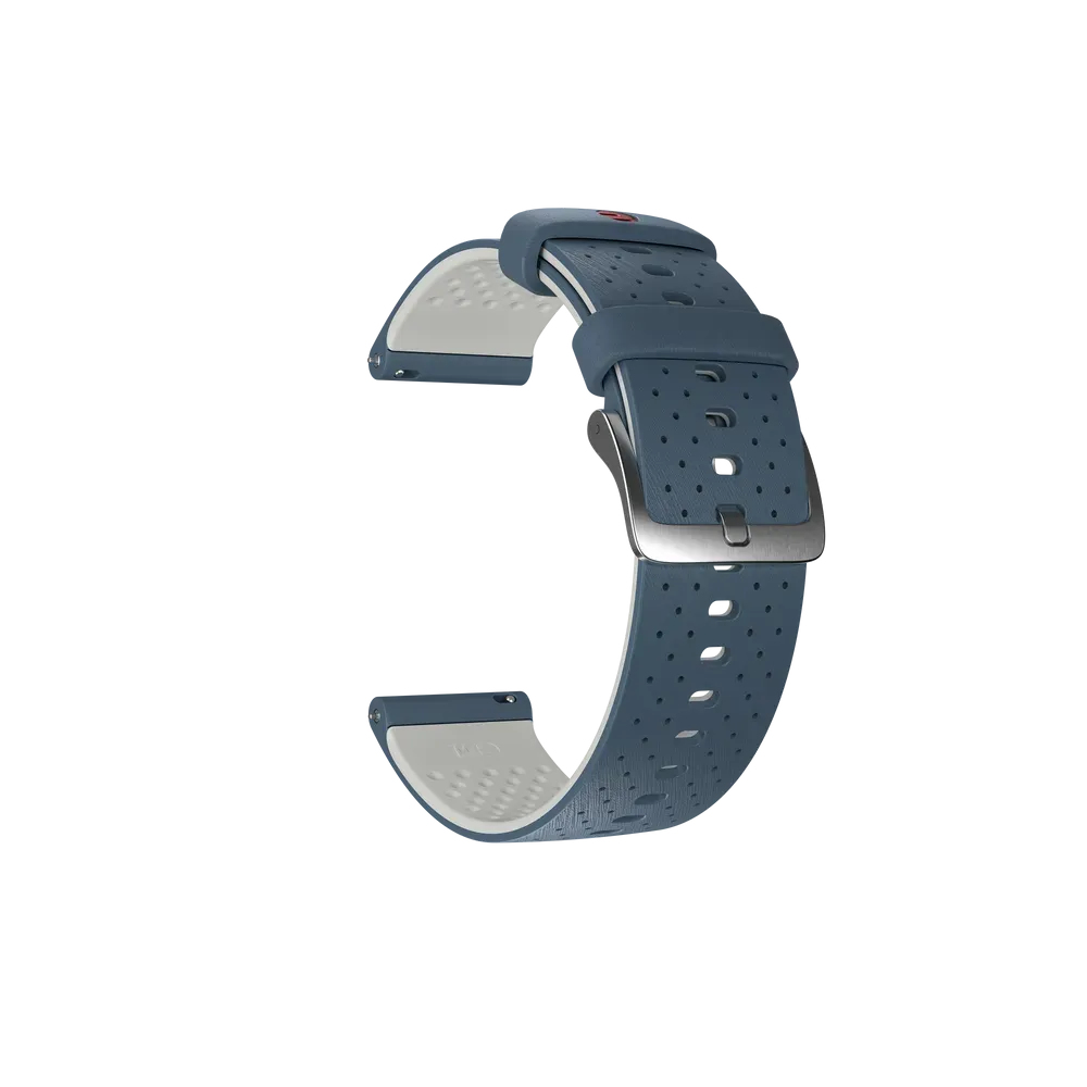 Niebieski i biały pasek do zegarka. Pasek jest zakrzywiony, z otworami i metalową klamrą.