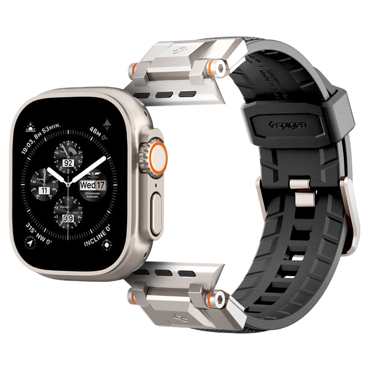 Srebrny Apple Watch z czarnym paskiem i srebrnymi akcentami. Zegarek ma cyfrowy wyświetlacz.