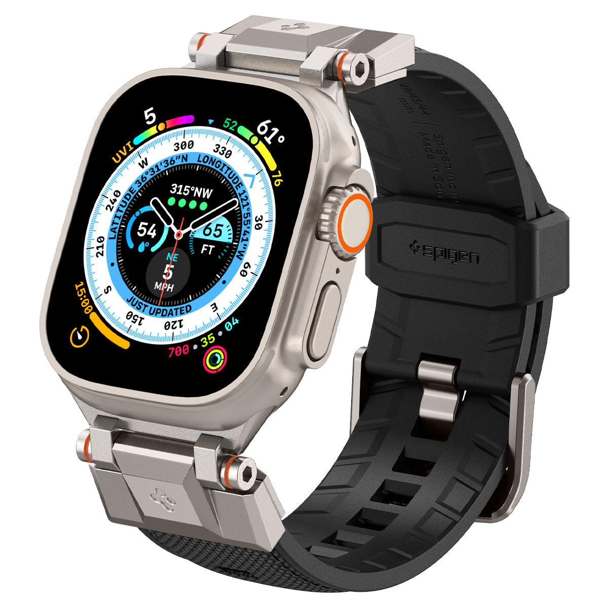 Srebrny smartwatch z czarnym paskiem. Ekran pokazuje dane, widoczny pomarańczowy przycisk.