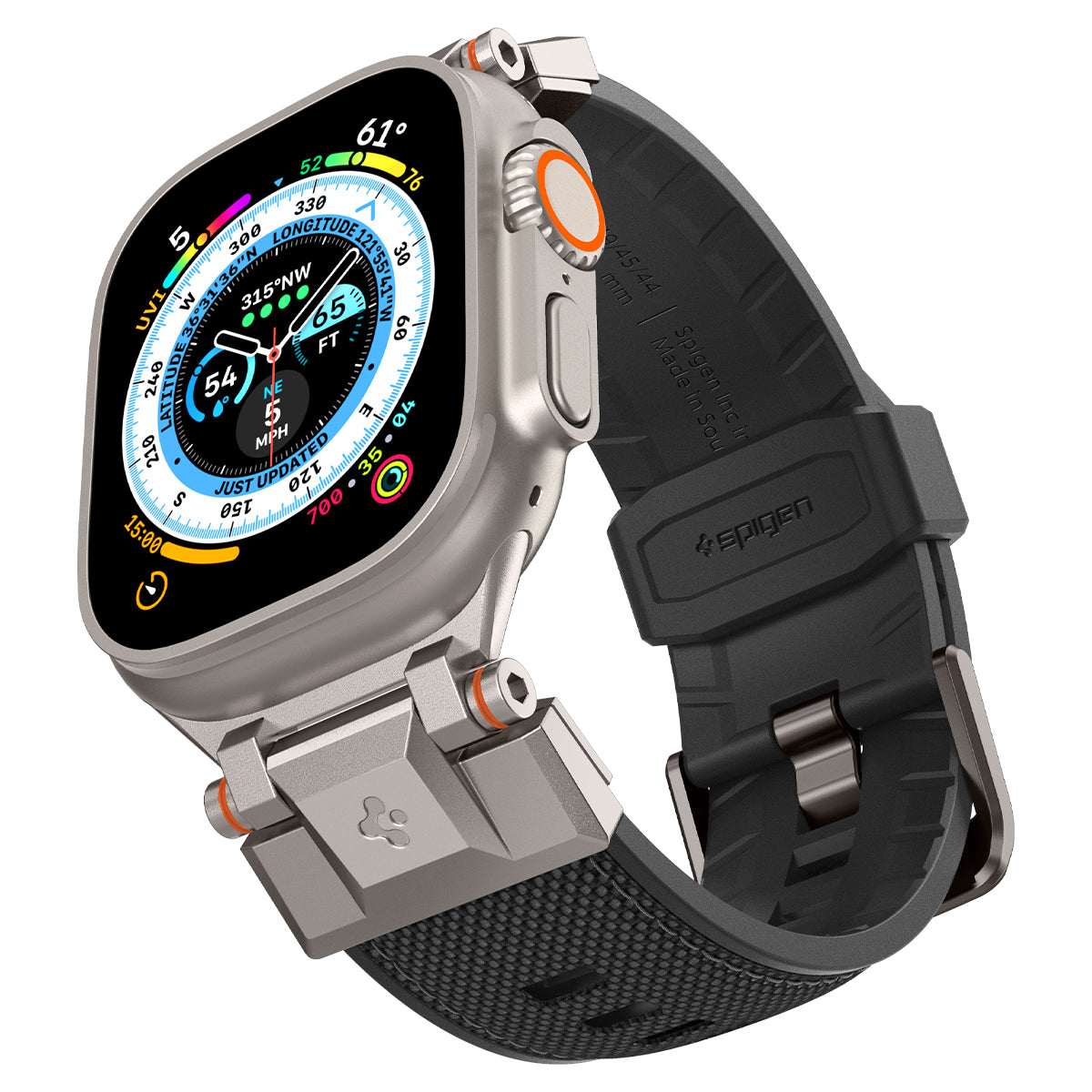 Srebrny smartwatch z czarnym paskiem. Ekran pokazuje dane. Ma pomarańczowy przycisk.
