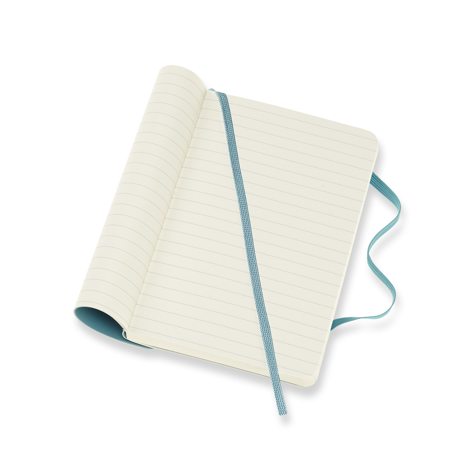 Offenes Notizbuch mit linierten Seiten. Ein blaues Band als Lesezeichen oben rechts.